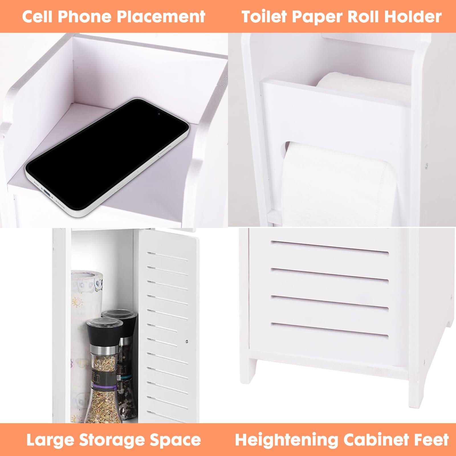 - Cell Phone Placement
- Toilet Paper Roll Holder
- Large Storage Space
- Heightening Cabinet Feet
