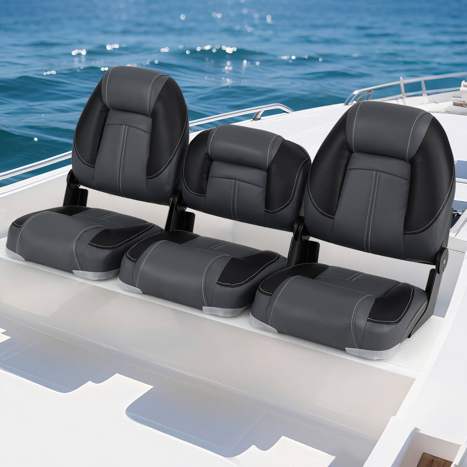 Alt View 3. Gymax - Gymax 3-Pack Folding Boat Seats w/ 28D Soft Sponge Padding Waterproof PVC Leather - Black.