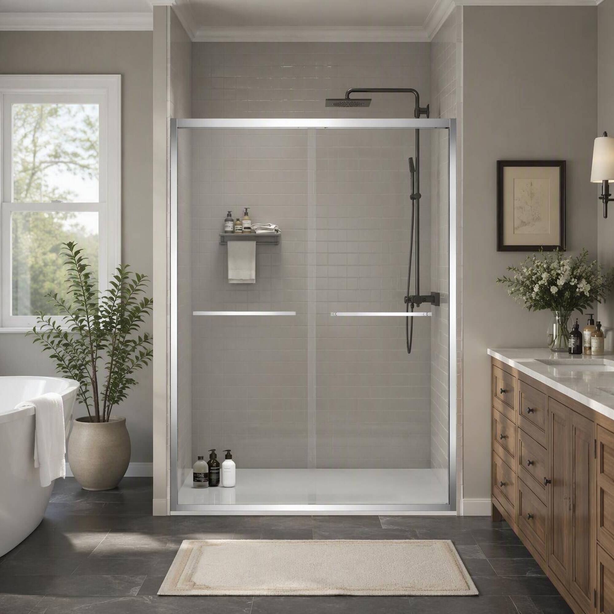 Back. RYHNUYNE - 56-60 In X 70 In Aluminum Frame Double Sliding Shower Door, 5/16 In Clear Tempered Glass Chrome Finish - Chrome.