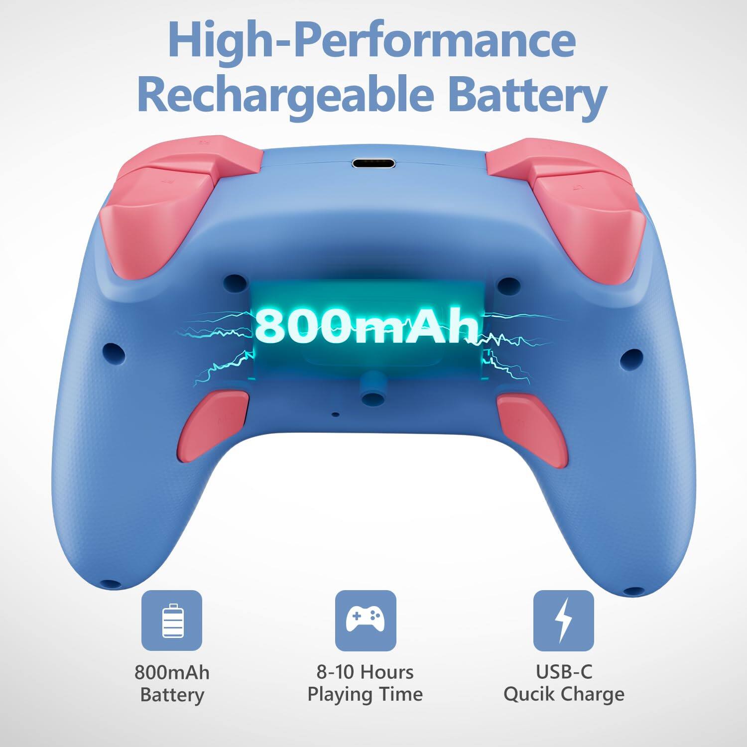 High-Performance Rechargeable Battery

800mAh

800mAh Battery

8-10 Hours Playing Time

USB-C Quick Charge