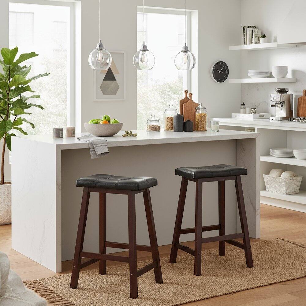 Alt View 5. FurniFact - Black Faux Leather Saddle Seat Bar Stool, 24 Inch Counter Height Kitchen Stool - Walnut / Black.