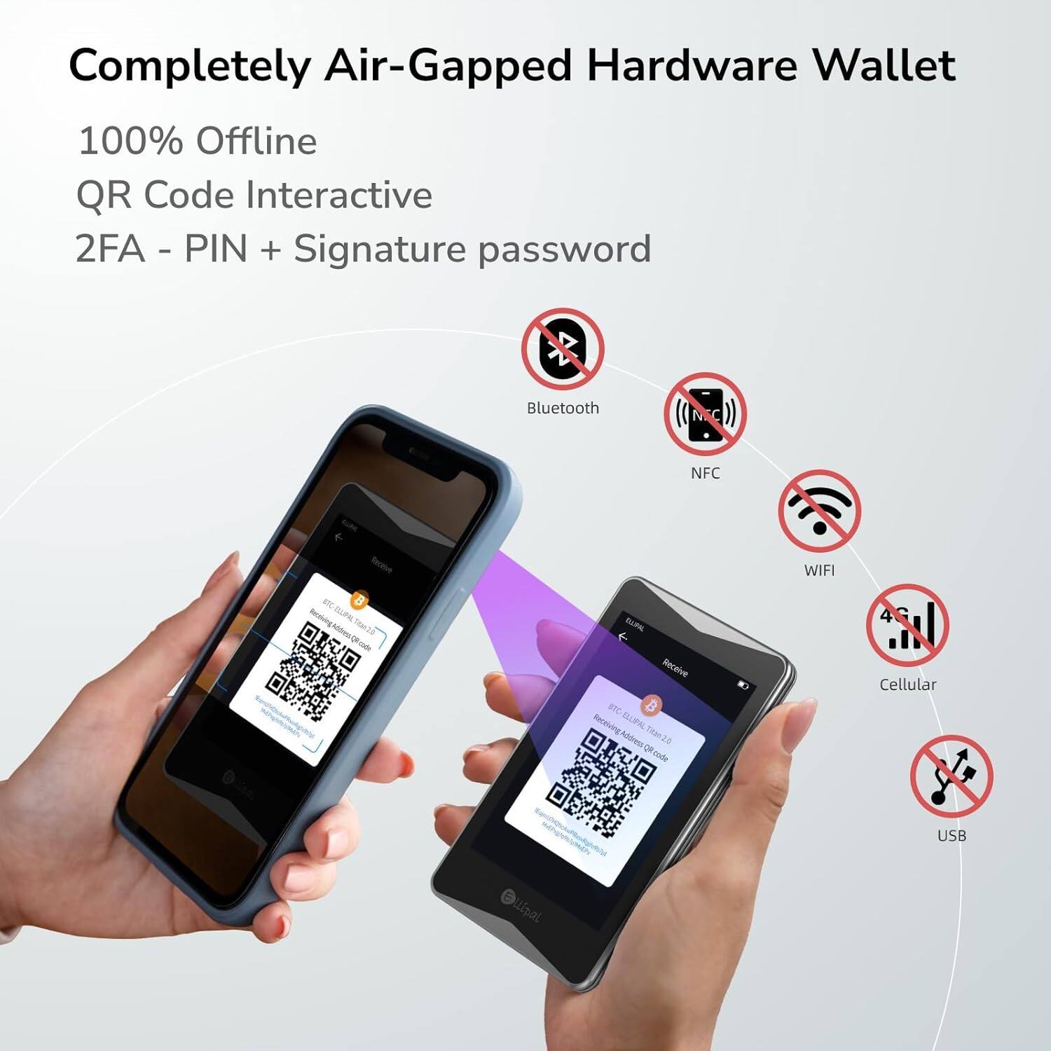 Completely Air-Gapped Hardware Wallet  
100% Offline  
QR Code Interactive  
2FA - PIN + Signature password  
Bluetooth  
NFC  
WIFI  
Cellular  
USB