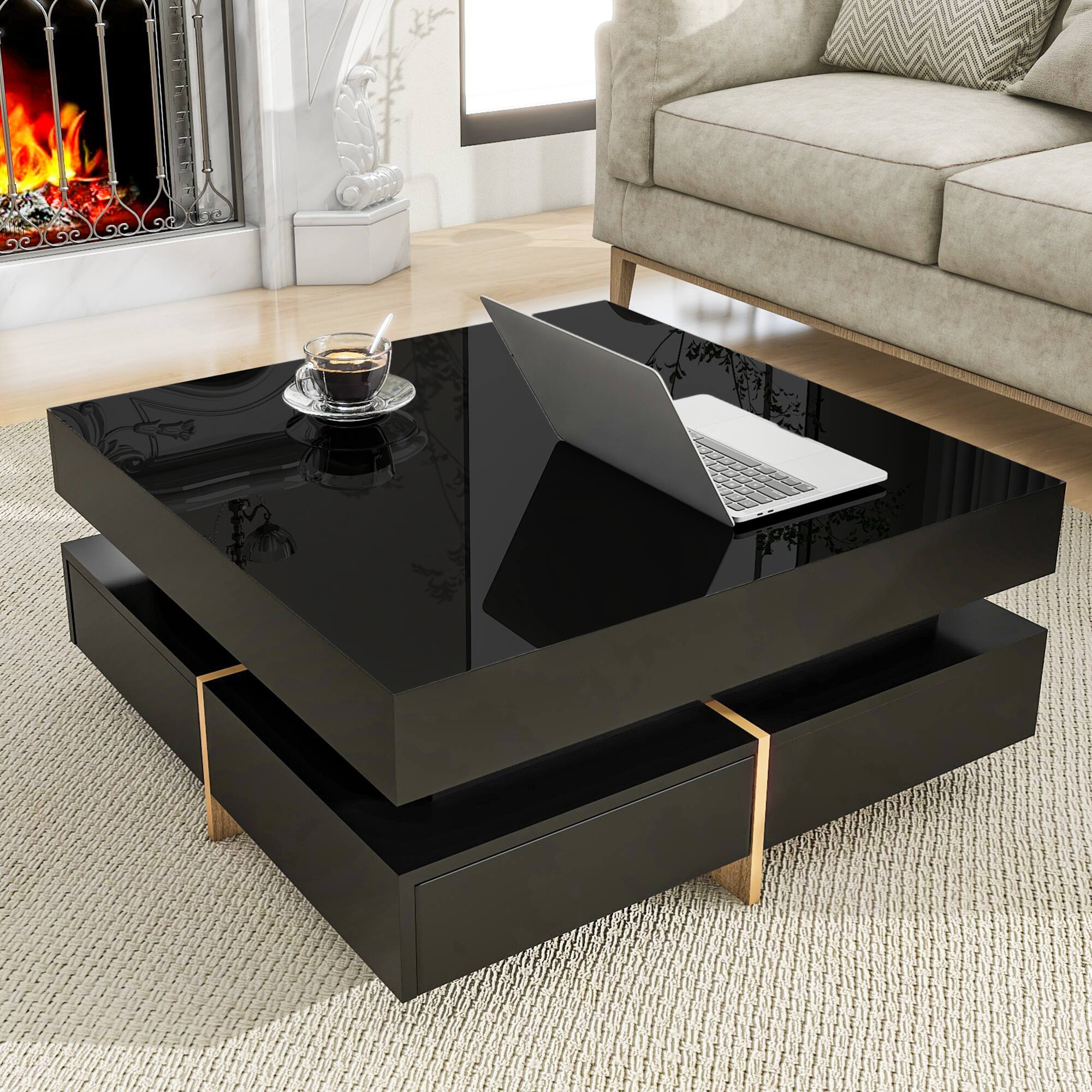 Angle. GOODSILO - Modern High Gloss Square Coffee Table with Four Drawers and Wood Grain Legs for Living Room - Black.