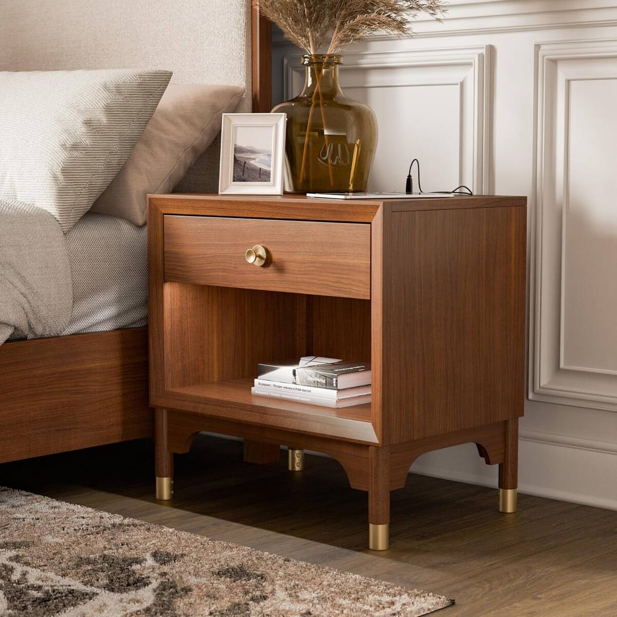Front. Loheer - Loheer Mid Century Modern Walnut Nightstand with USB Port and LED Light, One Drawer - Walnut.