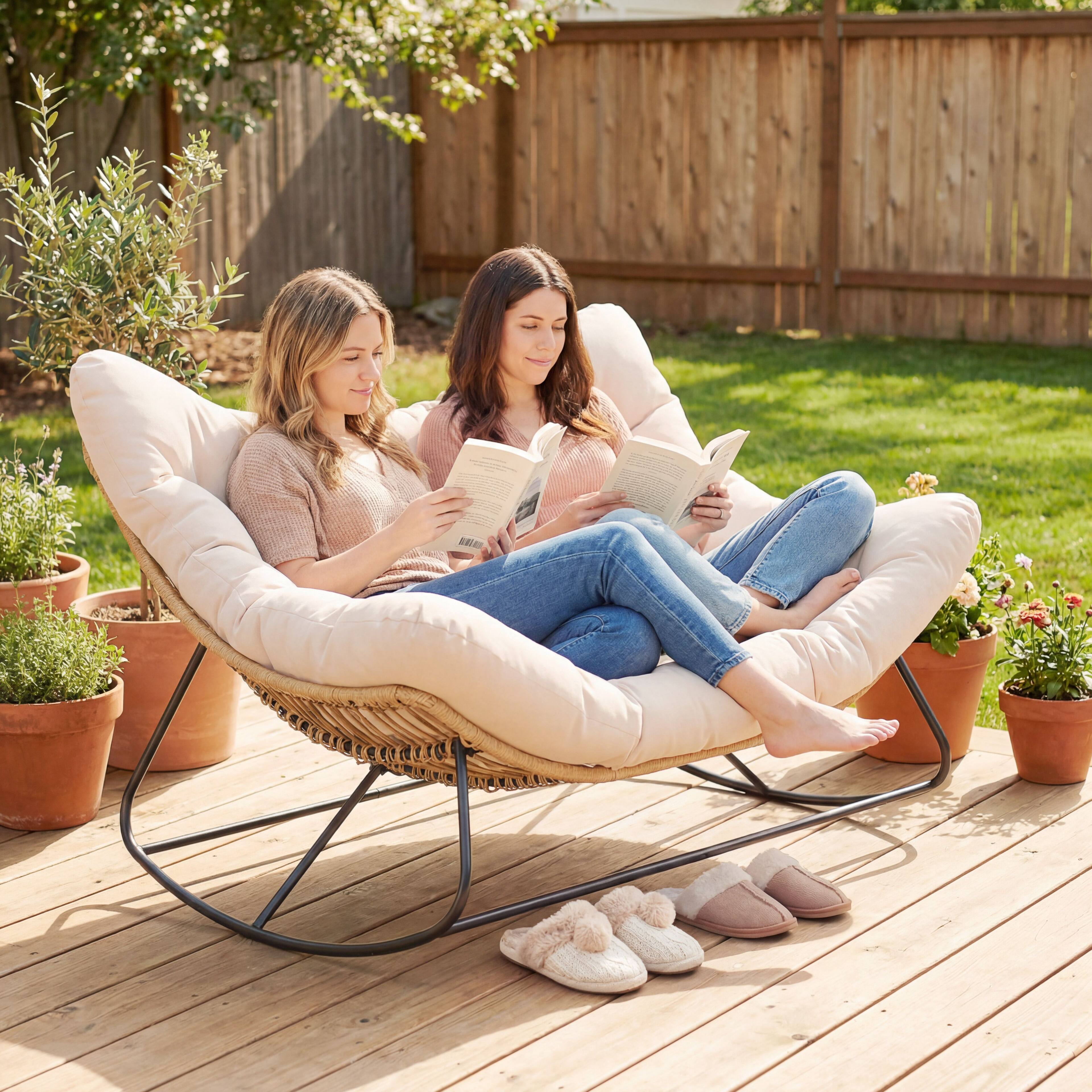 Alt View 1. Outsunny - Outdoor Double Papasan Rocking Chair, Oversized Rocking Egg Chair with Cushion for Garden, Patio - Cream White.