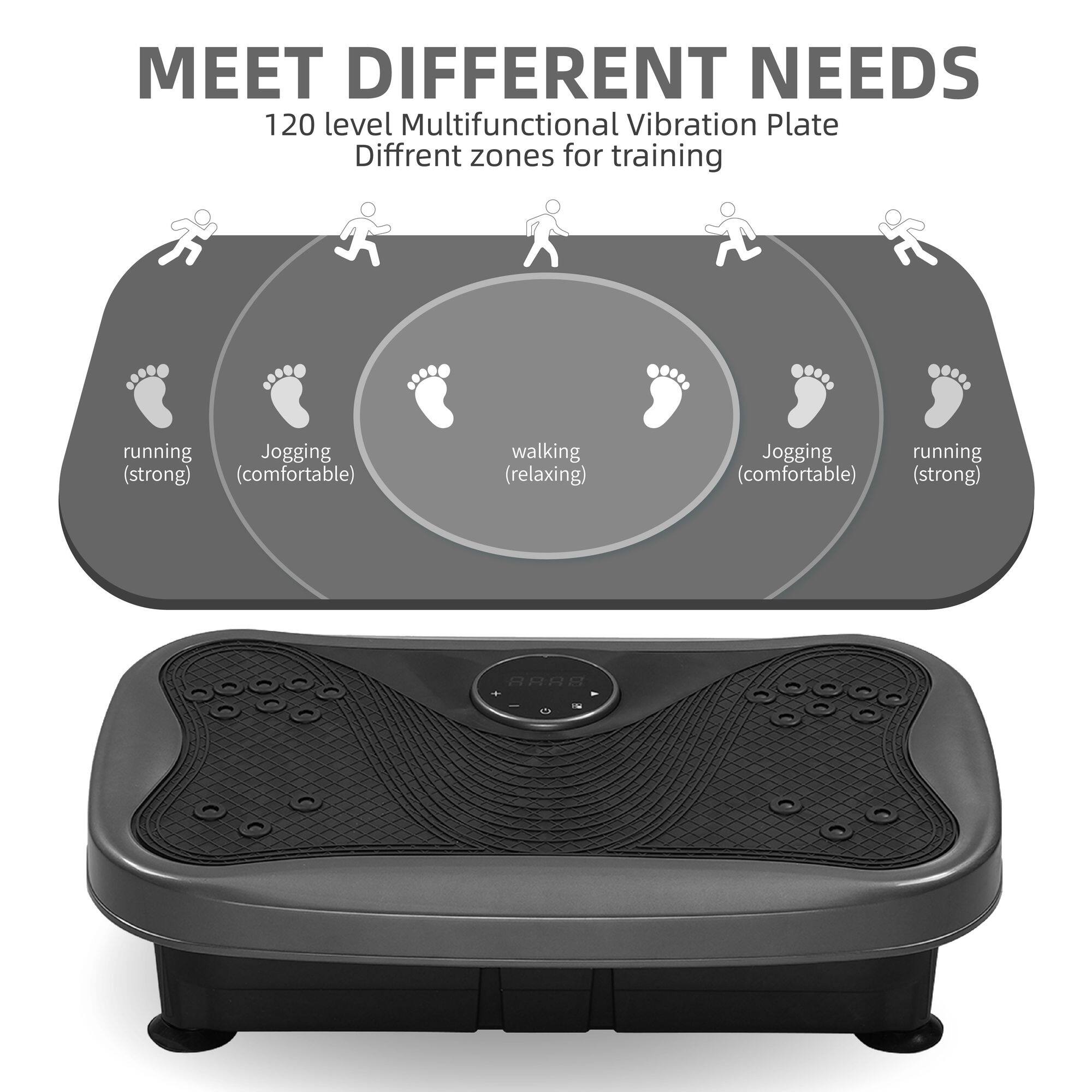 MEET DIFFERENT NEEDS

120 level Multifunctional Vibration Plate
Different zones for training

- running (strong)
- Jogging (comfortable)
- walking (relaxing)
- Jogging (comfortable)
- running (strong)