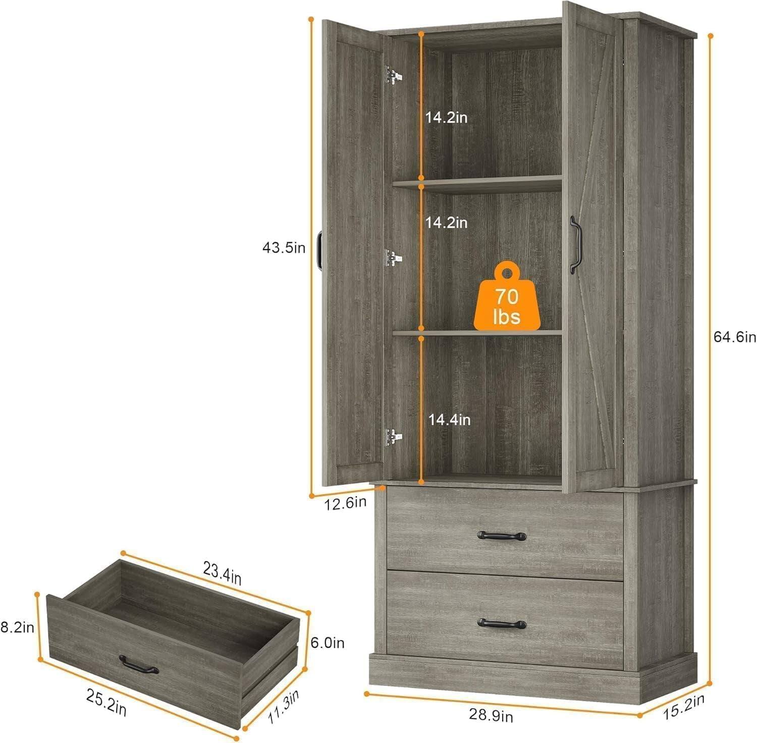 Sure, here is the corrected and grouped text from the image:

- **Dimensions:**
  - Height: 64.6in
  - Width: 43.5in
  - Depth: 14.4in
  - Shelf Depth: 14.2in
  - Shelf Height: 14.2in
  - Drawer Height: 14.4in
  - Drawer Width: 28.9in
  - Drawer Depth: 15.2in
  - Bottom Shelf Height: 14.2in
  - Bottom Shelf Depth: 14.2in
  - Bottom Shelf Height: 14.2in
  - Bottom Shelf Depth: 14.2in
  - Bottom Shelf Height: 14.2in
  - Bottom Shelf Depth: 14.2in
  - Bottom Shelf Height: 14.2in
  - Bottom Shelf Depth: 14.2in
  - Bottom Shelf Height: 14.2in
  - Bottom Shelf Depth: 14.2in
  - Bottom Shelf Height: 14.2in
  -