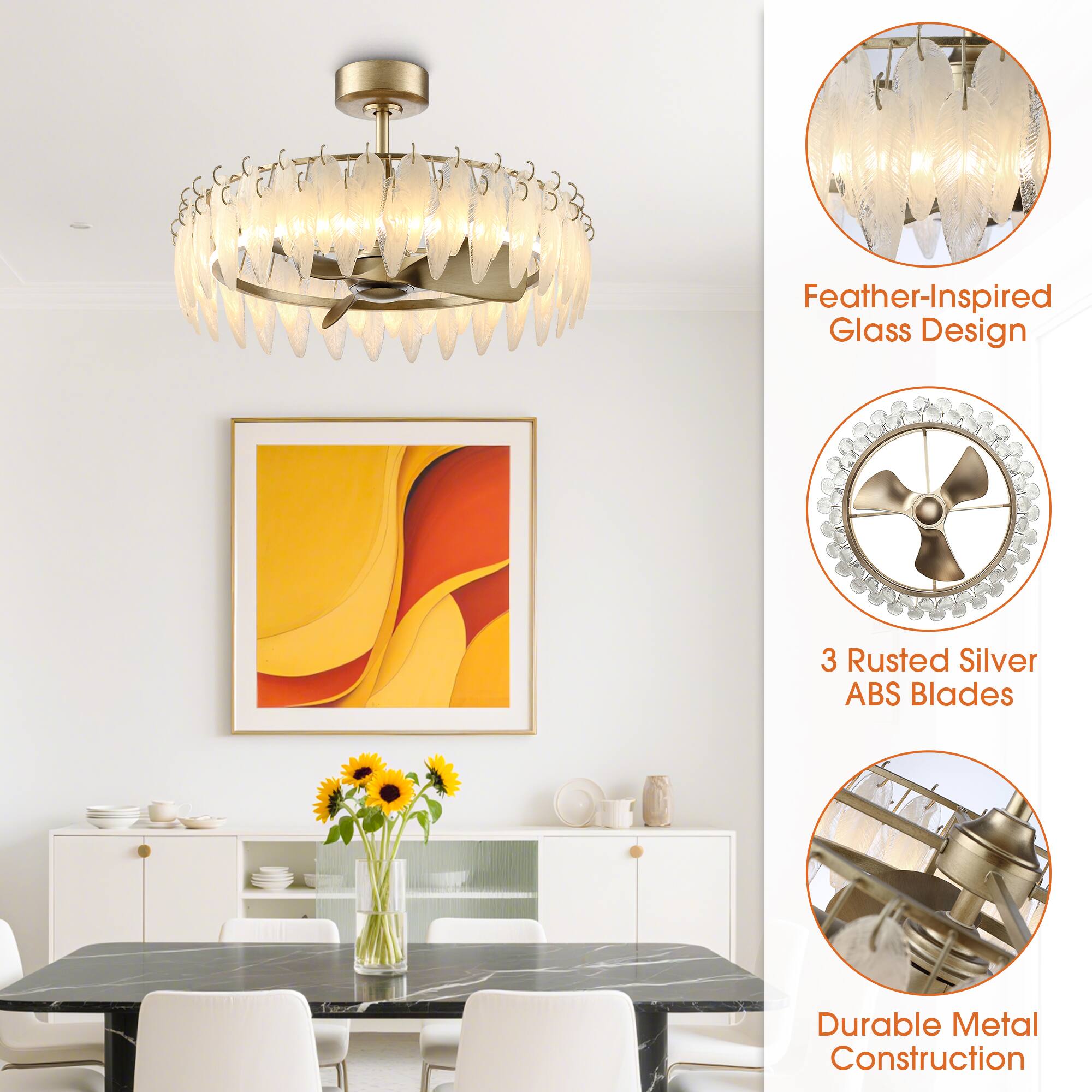 Feather-Inspired Glass Design  
3 Rusted Silver ABS Blades  
Durable Metal Construction