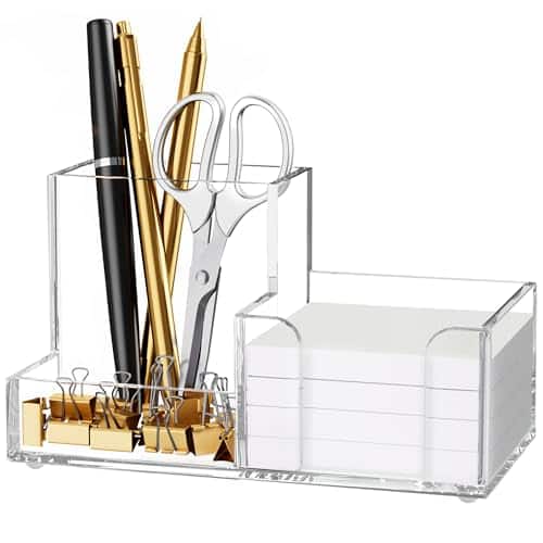 Vulpecula Spade - Acrylic Pen Holder for Desk, 3-Compartment Small Desk Organizer, Clear Office Supplies Desk Accessories with Sticky