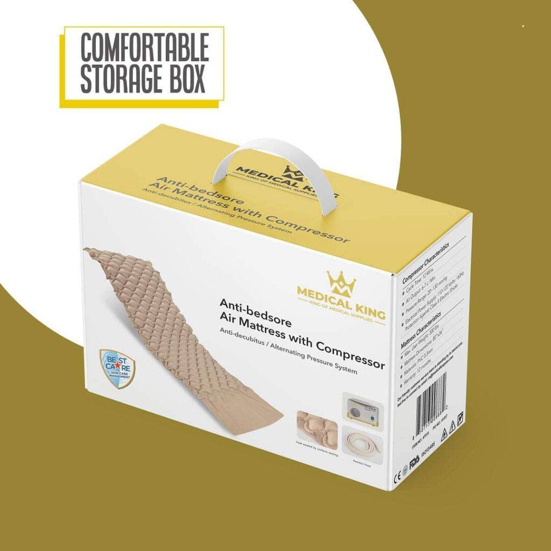 COMFORTABLE STORAGE BOX

MEDICAL KING
MEDICAL KING OF MEDICAL SUPPLIES

Anti-bedsore Air Mattress with Compressor
Anti-decubitus / Alternating Pressure System

BE-ST CARE
BEST CARE

CE