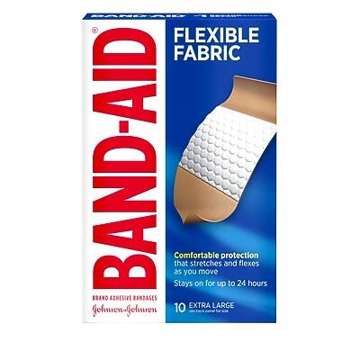 BAND-AID  
FLEXIBLE FABRIC  

Comfortable protection that stretches and flexes as you move  
Stays on for up to 24 hours  

BRAND ADHESIVE BANDAGES  
10 EXTRA LARGE  

Johnson & Johnson