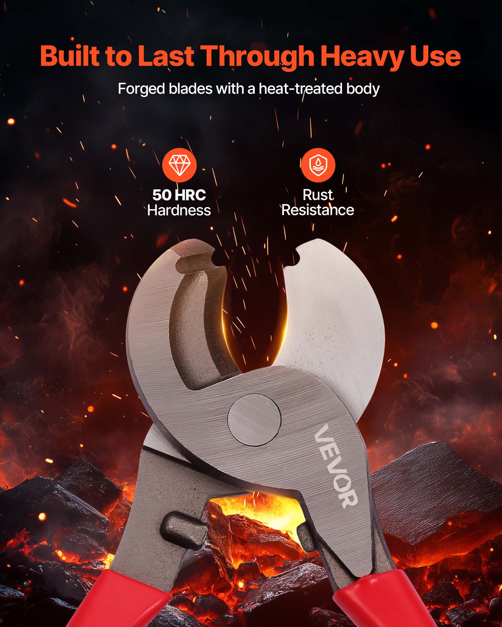 Built to Last Through Heavy Use  
Forged blades with a heat-treated body  

50 HRC Hardness  
Rust Resistance  

VEVOR