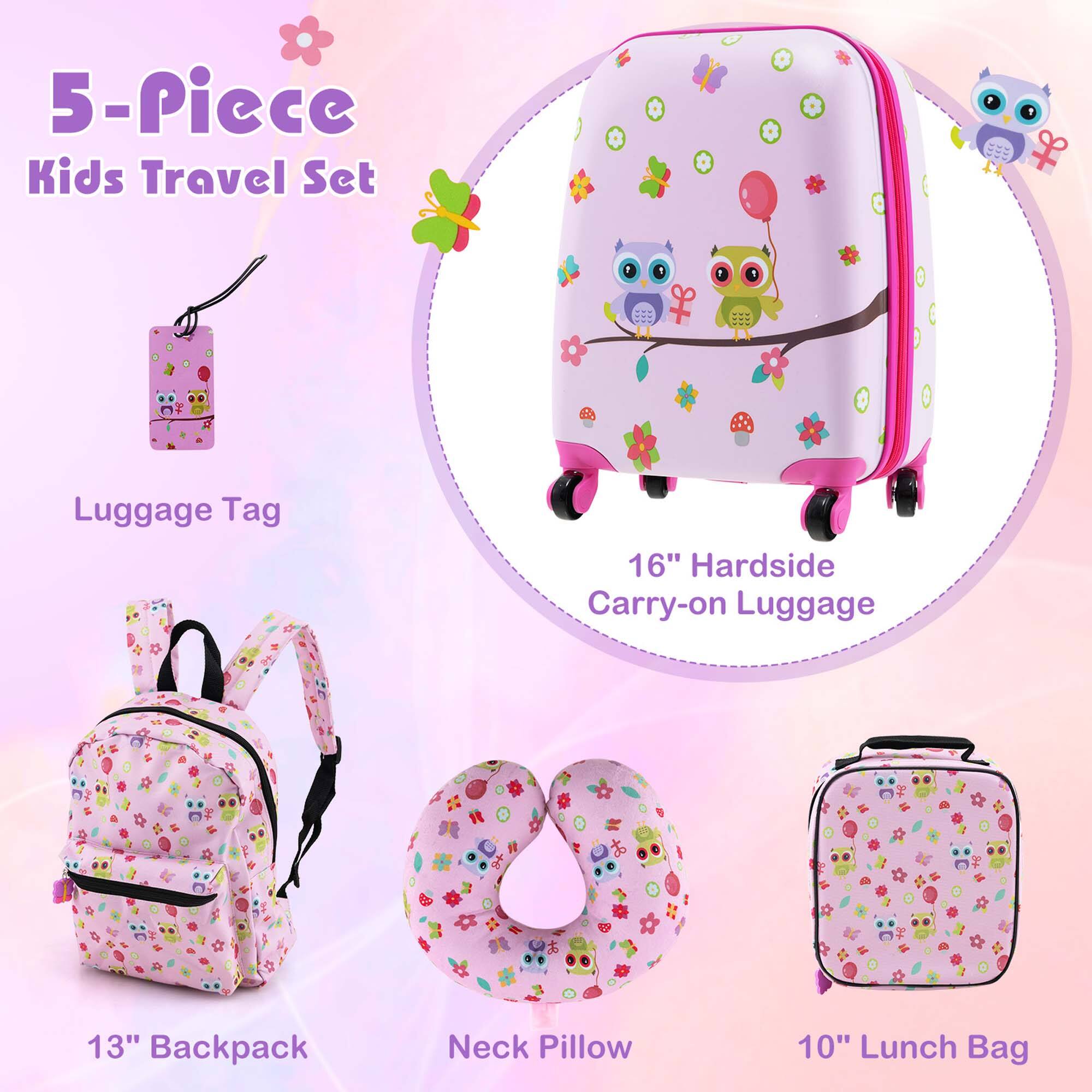 5-Piece Kids Travel Set: Luggage Tag, 16" Hardside Carry-on Luggage, 13" Backpack, Neck Pillow, 10" Lunch Bag.