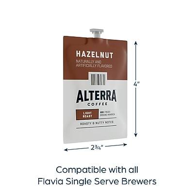 HAZELNUT  
NATURALLY AND ARTIFICIALLY FLAVORED  

ALTERRA COFFEE  
LIGHT ROAST  
ROASTY & NUTTY NOTES  

Compatible with all Flavia Single Serve Brewers  

4"  
2 3/4"