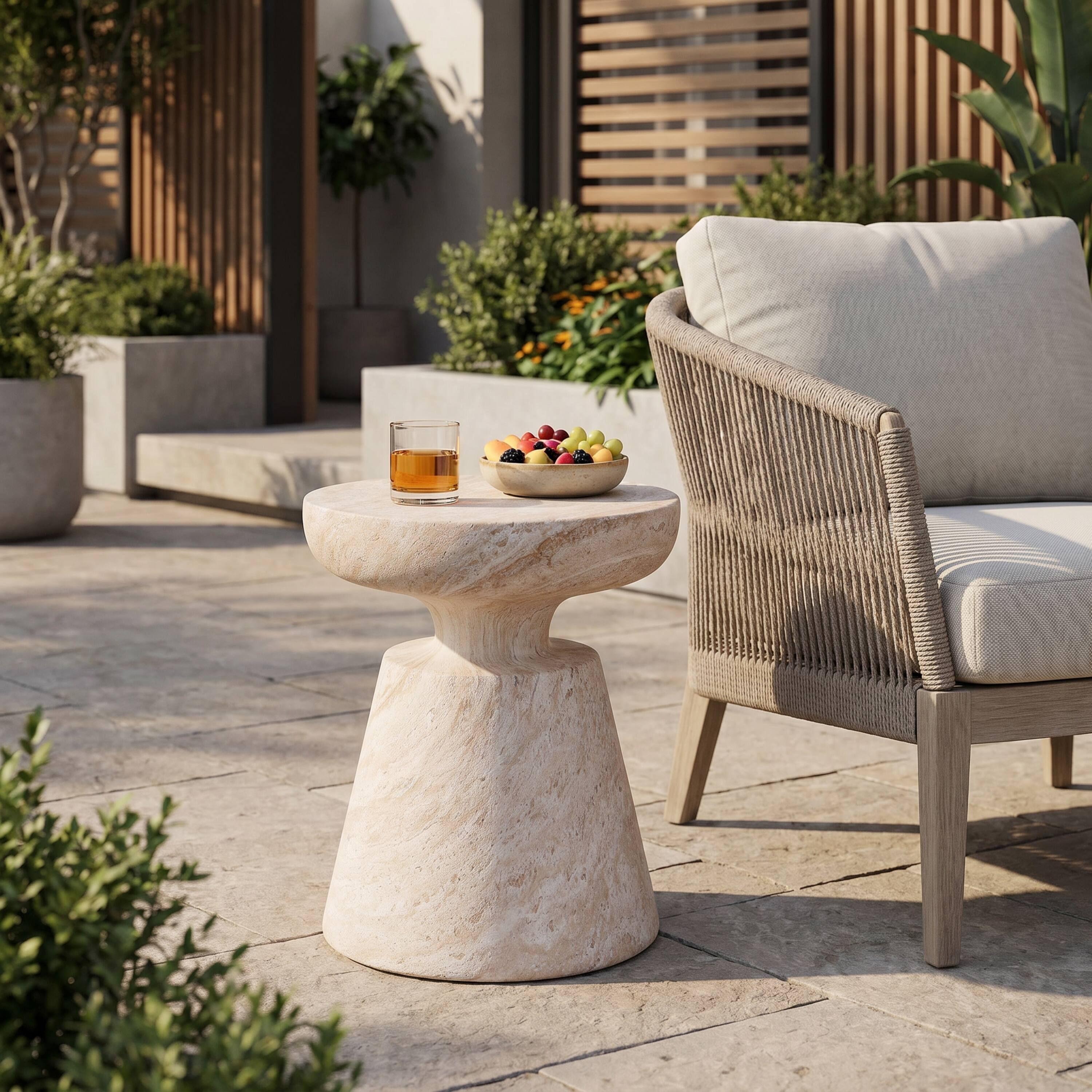 Front. Whisen - Outdoor Lightweight Concrete Side Table, Concrete End Table for Patio and Garden - Beige.