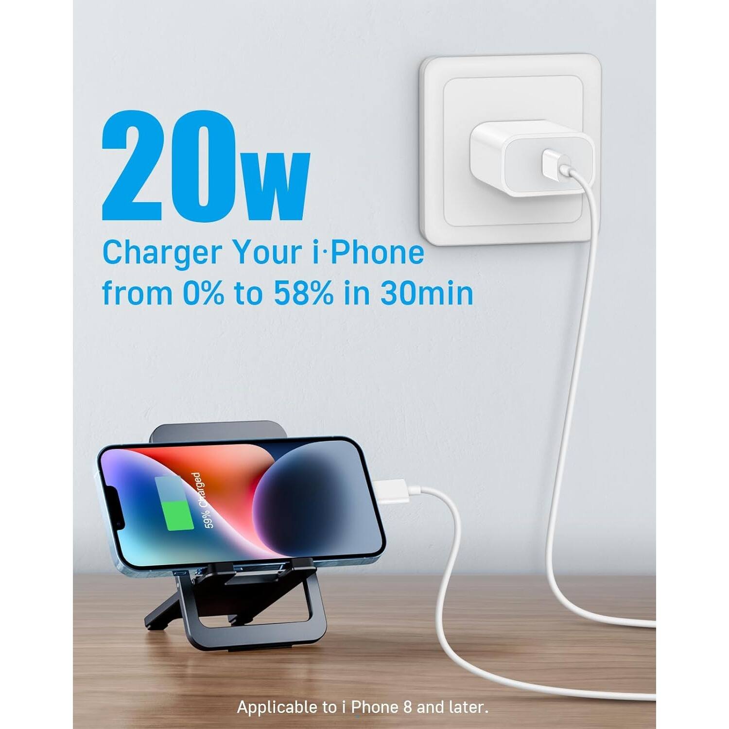 20w Charger Your i Phone from 0% to 58% in 30min Charged 59% Applicable to i Phone 8 and later.