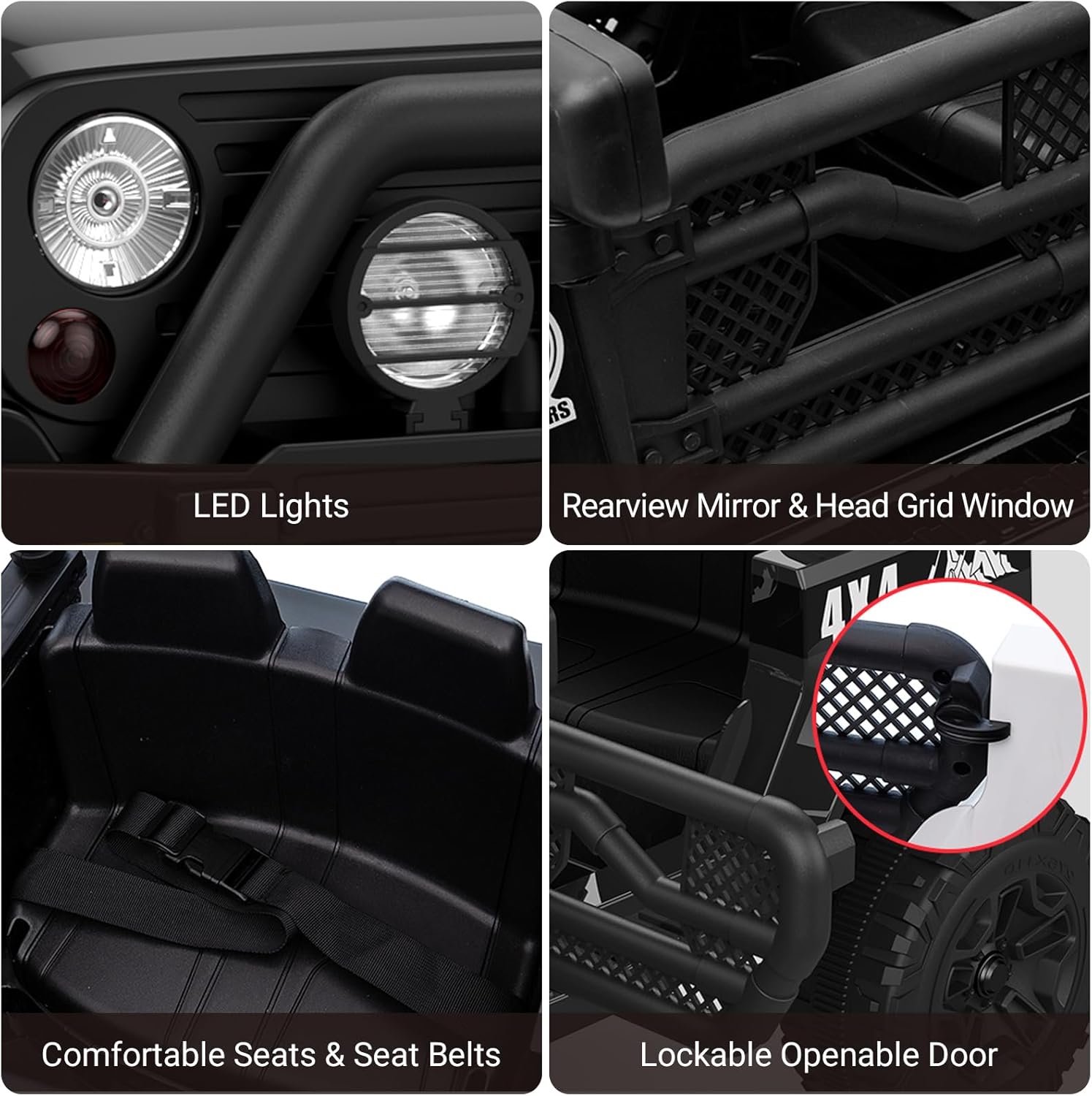 - LED Lights
- Rearview Mirror & Head Grid Window
- Comfortable Seats & Seat Belts
- Lockable Openable Door