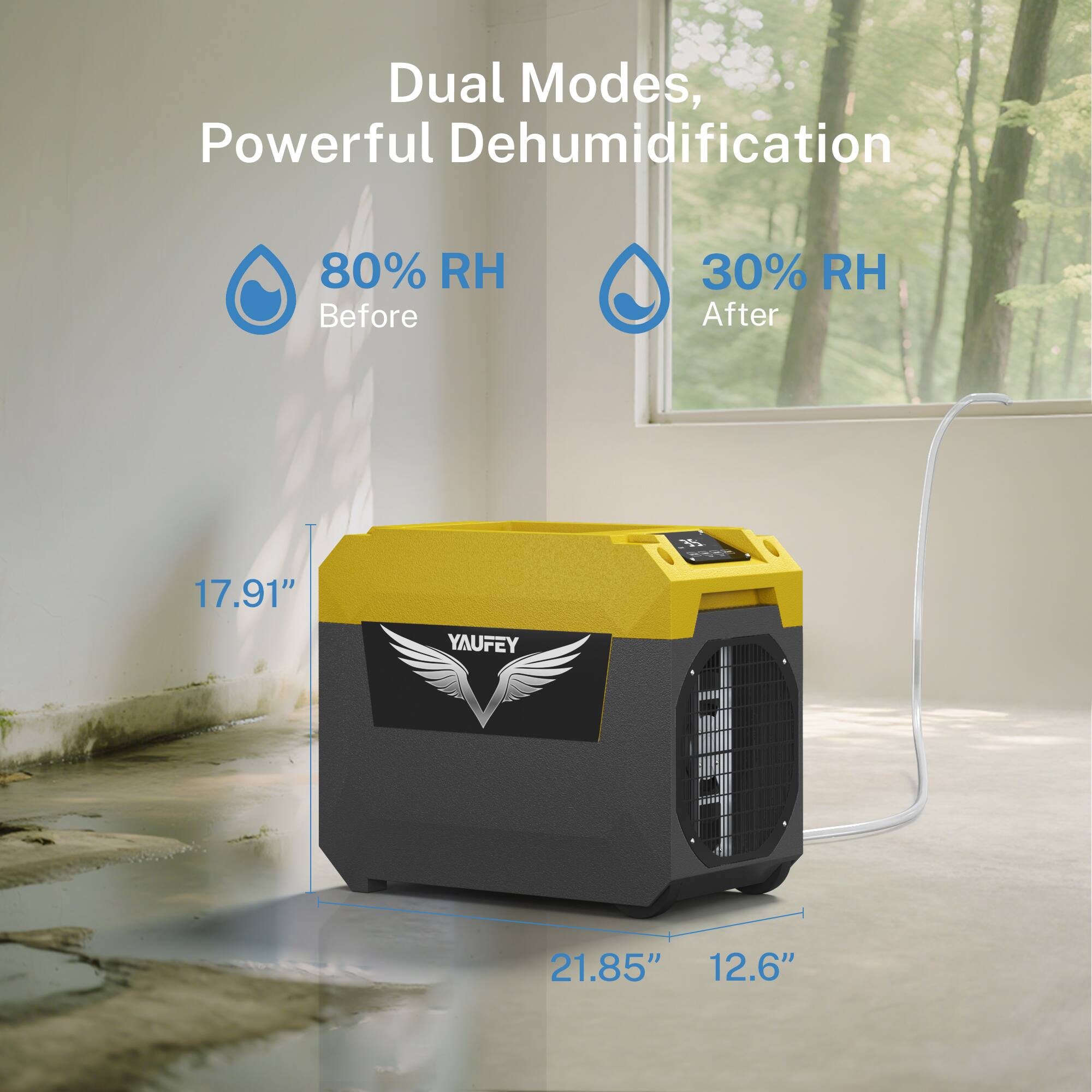 Dual Modes, Powerful Dehumidification  
80% RH Before  
30% RH After  
17.91"  
21.85"  
12.6"