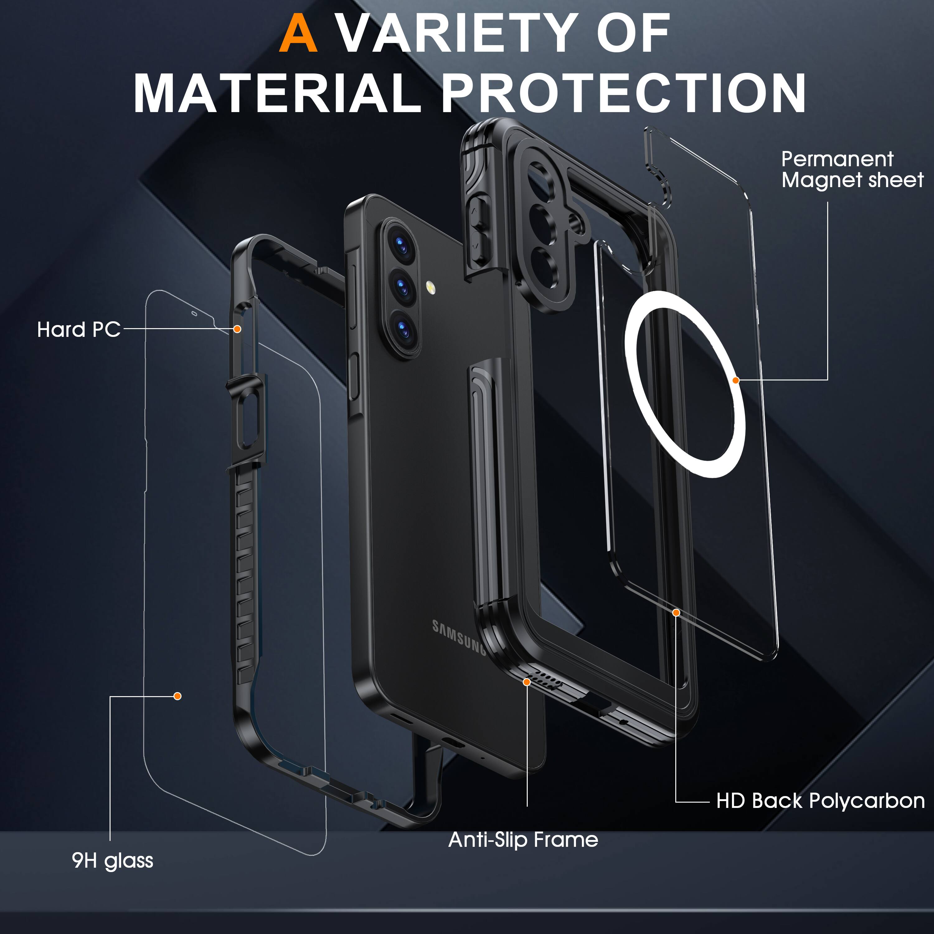 A VARIETY OF MATERIAL PROTECTION

- Permanent Magnet sheet
- Hard PC
- 9H glass
- Anti-Slip Frame
- HD Back Polycarbon