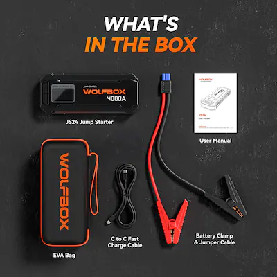 booster cable box WolfBox 4000A Peak Car Jump Starter, Portable 12V Battery Pack, Quick Charging, Emergency Booster for 10L Engines
