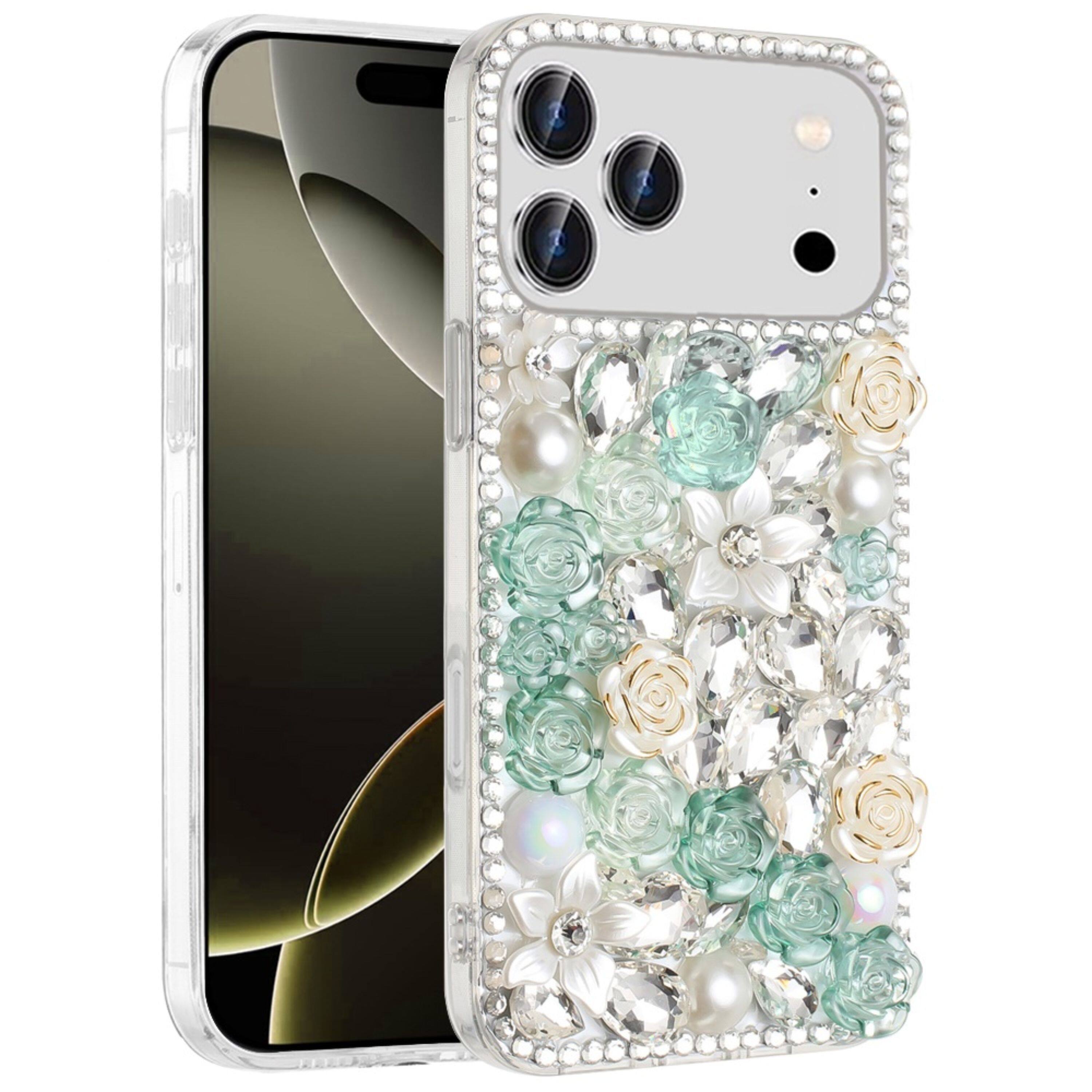 Angle. Kitcheniva - Luxury 3D Rose Jewel Case With Tempered Glass For iPhone 17 Pro Green - Green.