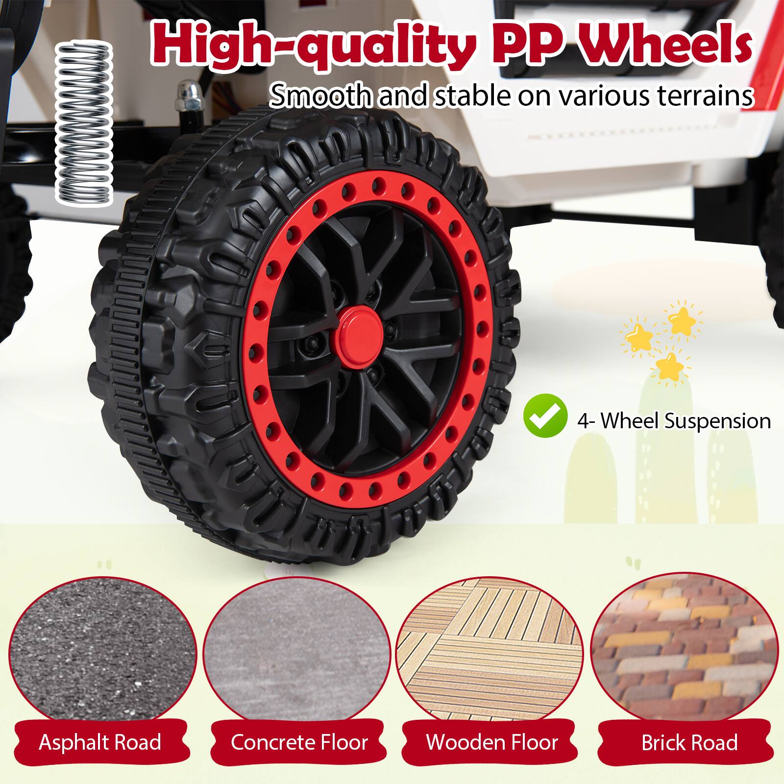High-quality PP Wheels  
Smooth and stable on various terrains  
4-Wheel Suspension  
Asphalt Road  
Concrete Floor  
Wooden Floor  
Brick Road