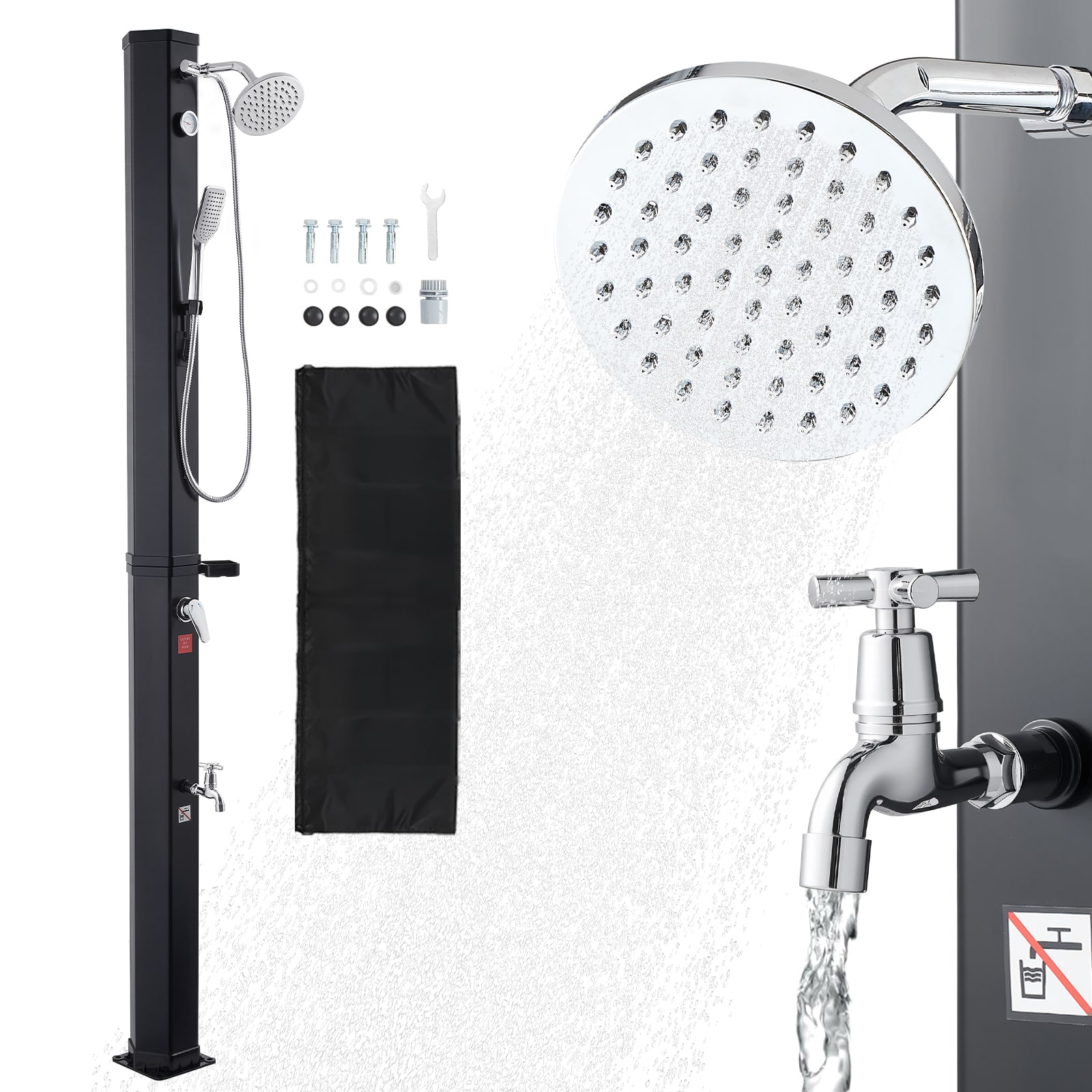 Front. VEVOR - 10.6 Gal Solar Heated Shower, 6.7ft Showerhead Height Outdoor Shower, with Handheld & Foot Faucet, Hot & Cold Water - Black.