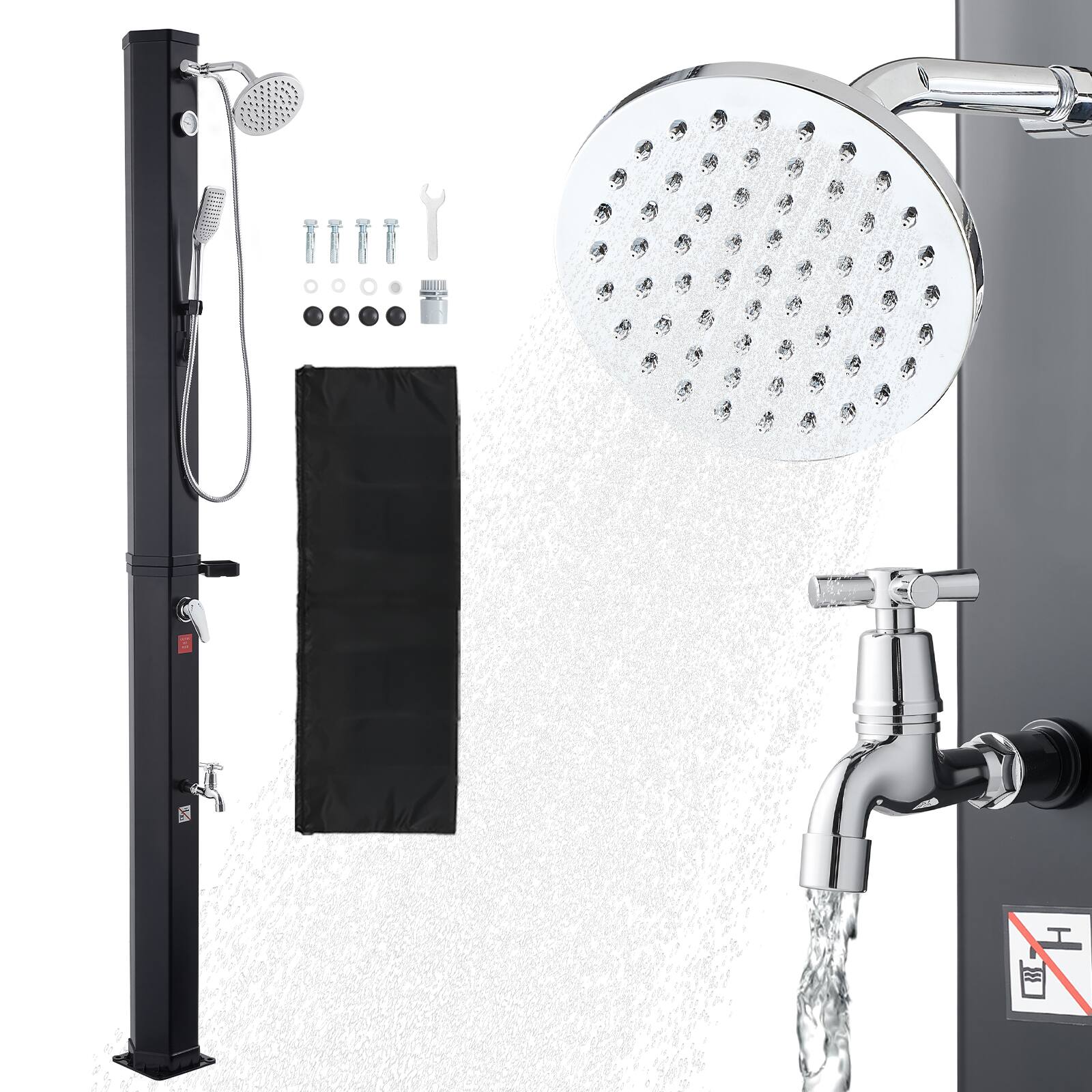 Front. VEVOR - 10.6 Gal Solar Heated Shower, 6.7ft Showerhead Height Outdoor Shower, with Handheld & Foot Faucet, Hot & Cold Water - Black.