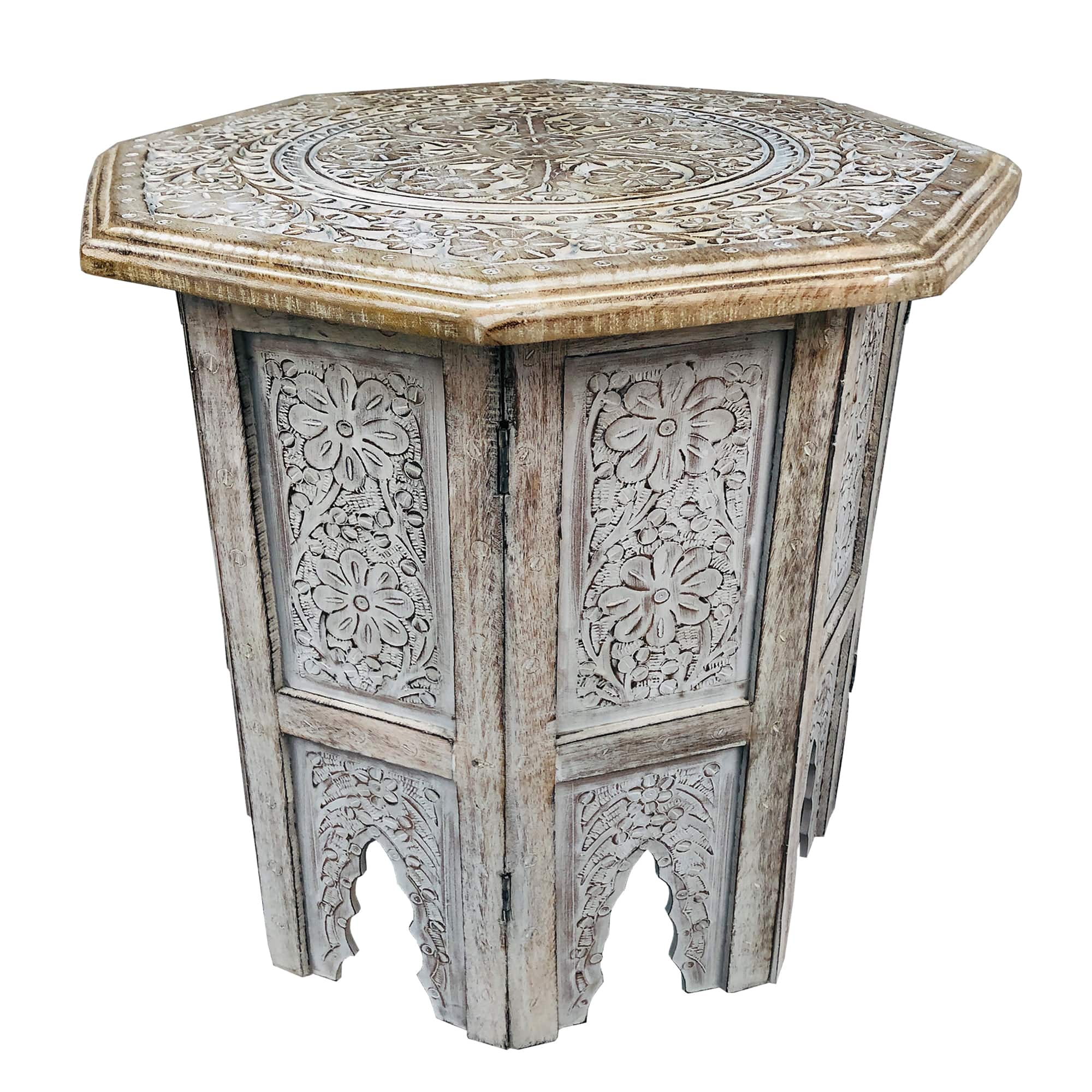 Front. Manhattan Lane - 18 Inch Handcrafted Farmhouse Side Table, Engraved Carved Design, Mango Wood, Octagonal Top - Brown.