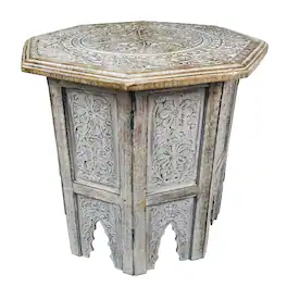 Manhattan Lane - 18 Inch Handcrafted Farmhouse Side Table, Engraved Carved Design, Mango Wood, Octagonal Top - Brown