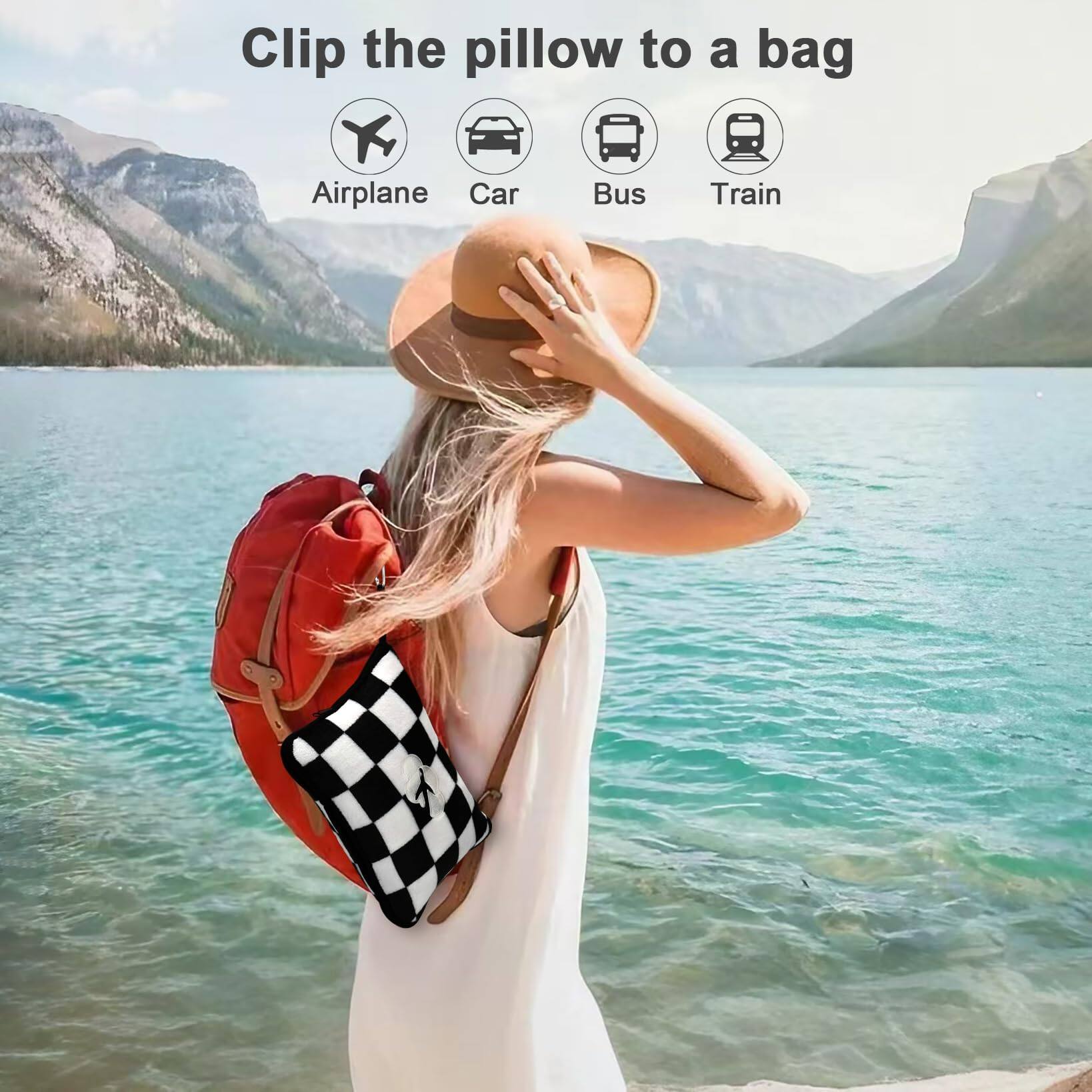 Clip the pillow to a bag

Airplane Car Bus Train