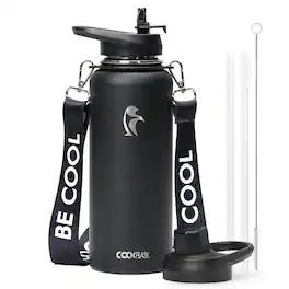Coolflask - Insulated Water Bottle with Strap - Straw & Spout Lids - Keep Cold 48h - 40oz Black