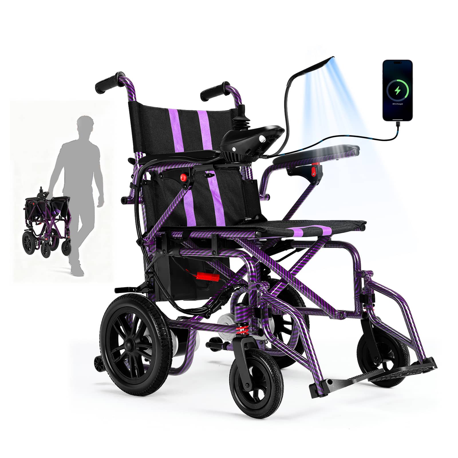 Hover Heart - 4-Wheel Foldable Travel Electric Wheelchair & Mobility Scooter – 286 lb Heavy-Duty Power Chair, 15 km Range - purple
