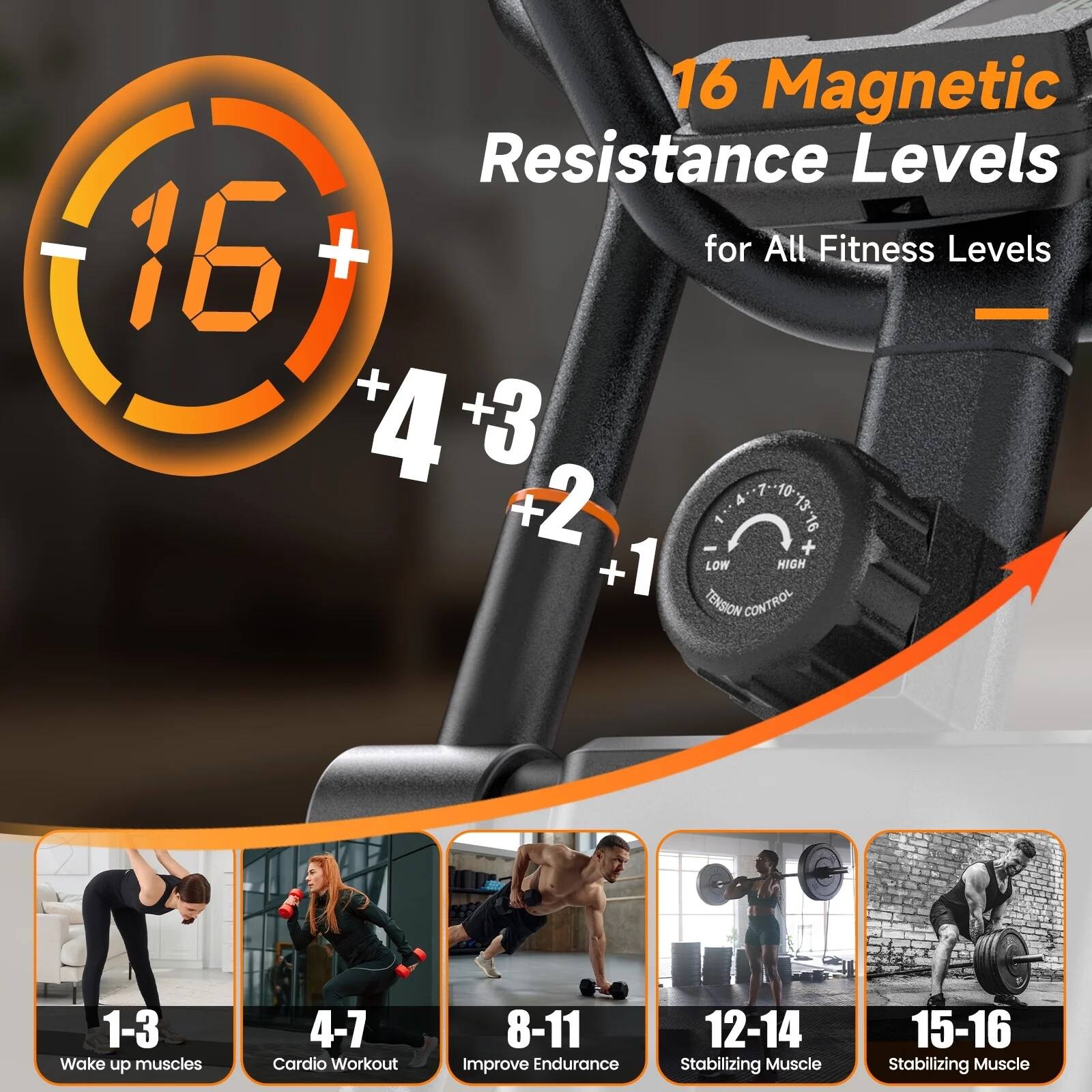 16 Magnetic Resistance Levels for All Fitness Levels

- 1-3: Wake up muscles
- 4-7: Cardio Workout
- 8-11: Improve Endurance
- 12-14: Stabilizing Muscle
- 15-16: Stabilizing Muscle

Tension Control: 1-3 (LOW) to 16 (HIGH)