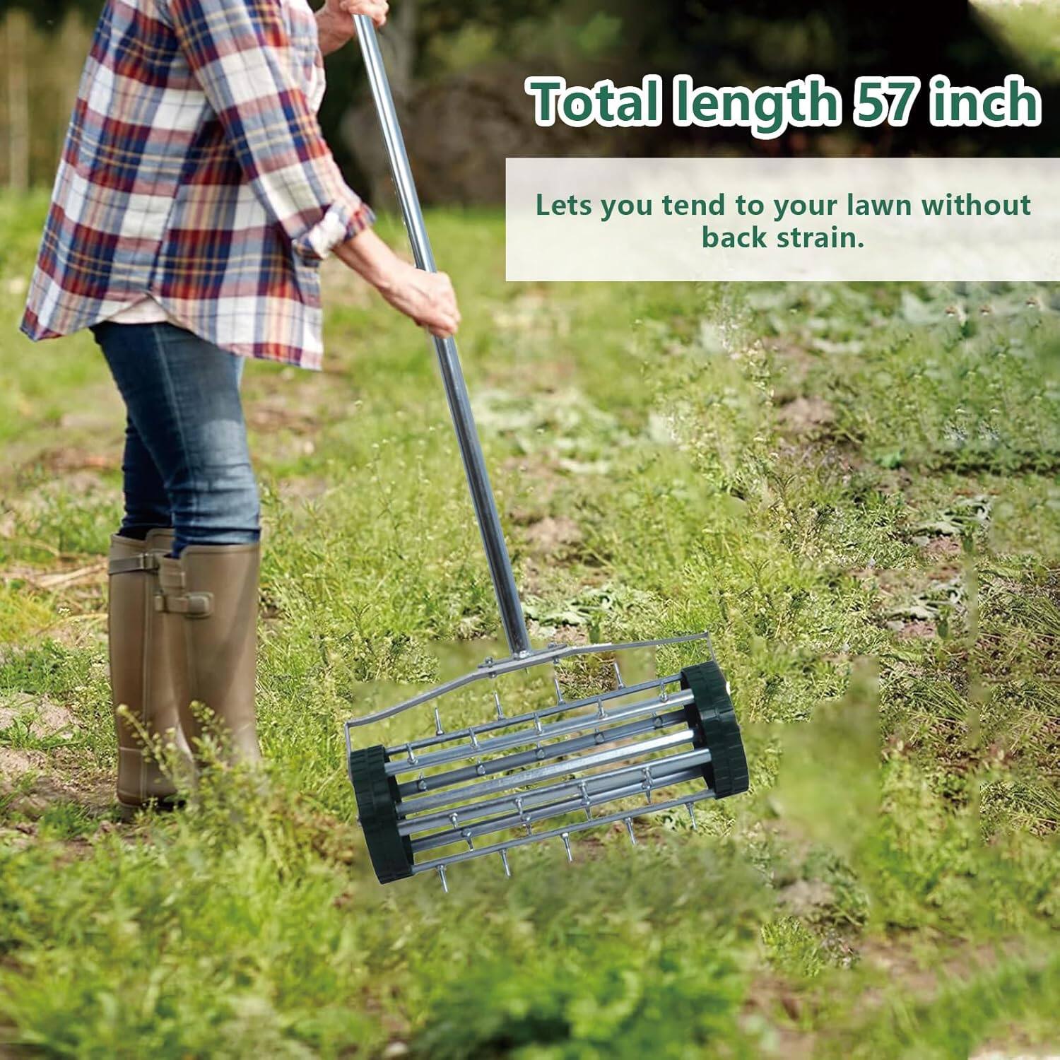 Total length 57 inch. Lets you tend to your lawn without back strain.