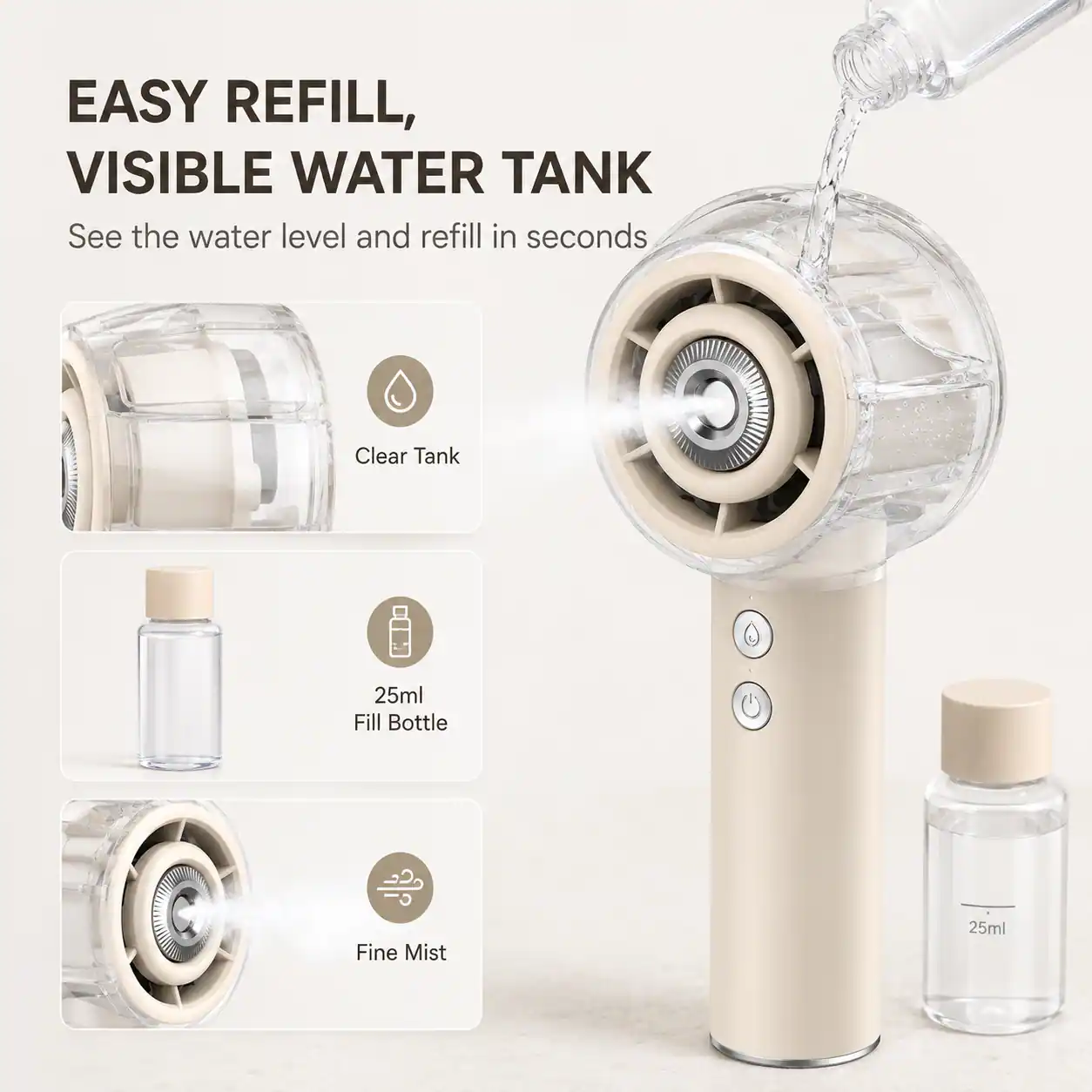 EASY REFILL,  
VISIBLE WATER TANK  
See the water level and refill in seconds  

Clear Tank  
25ml Fill Bottle  
Fine Mist