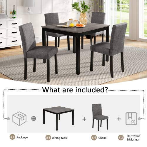 What are included?

- 1 Package
- 1 Dining table
- 4 Chairs
- Hardware & Manual
