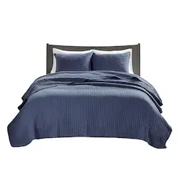 Gracie Mills - Becker Cozy Reversible Pick Stitch Quilt Set with Matching Shams - Navy