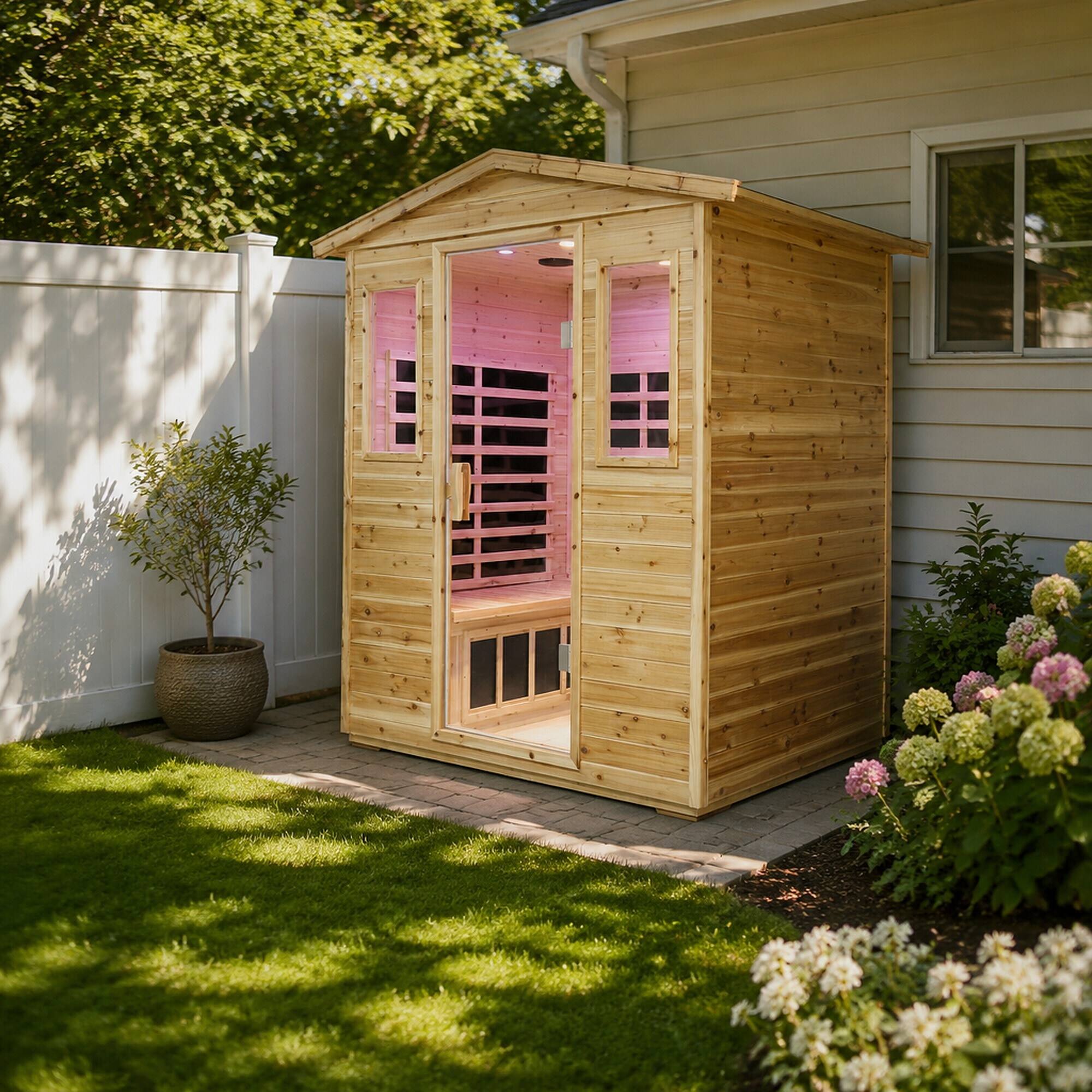 Alt View 2. RYHNUYNE - Four Person Far-Infrared Outdoor Sauna Room, Old Fir Wood, 48.66 in Wide, 2100W, 8 Heating Panels, Bluetooth Audio, LCD - Natural.