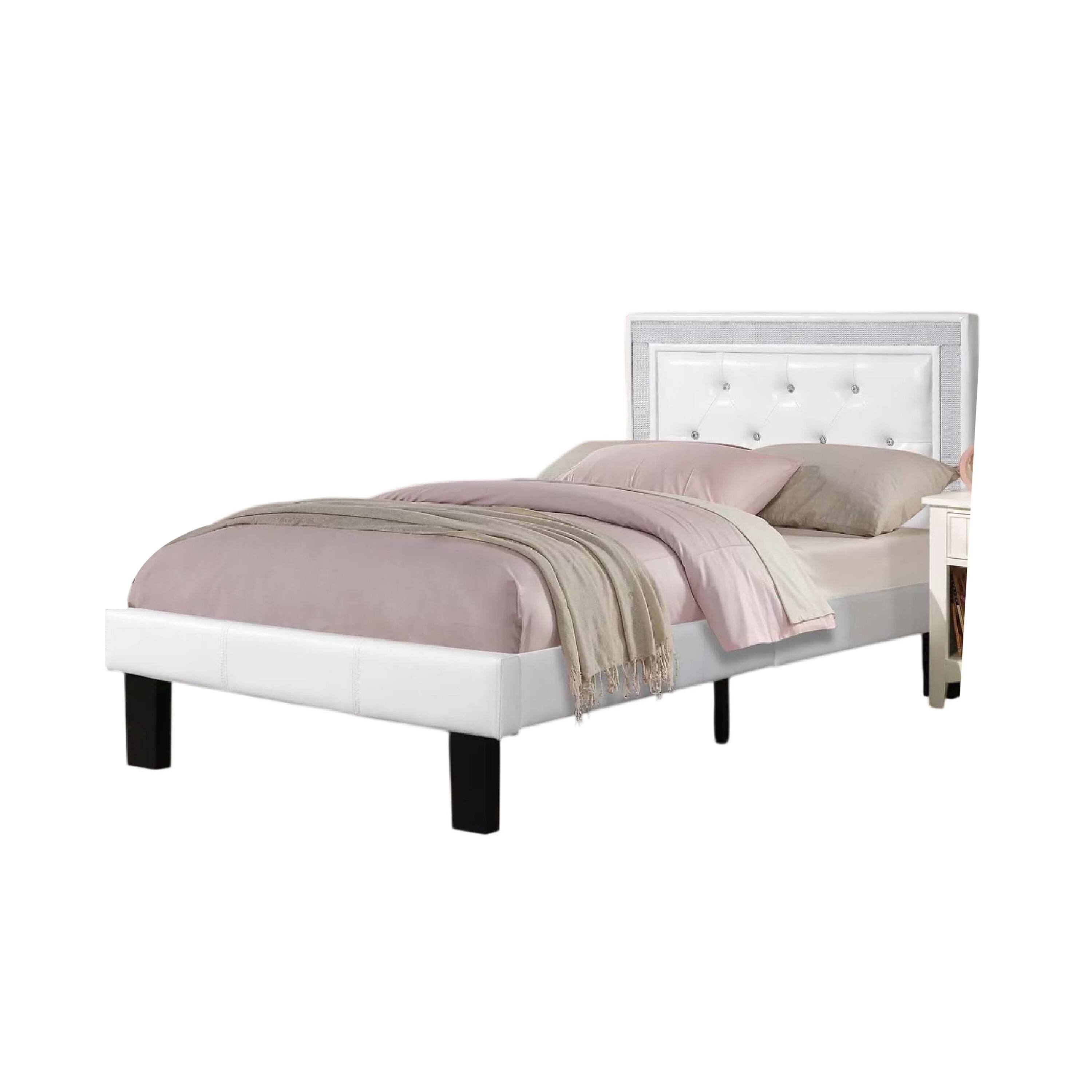 Alt View 2. Manhattan Lane - Mannie Twin Bed with Silver Trim, White Button Tufted Faux-Leather - White, Espresso Brown.