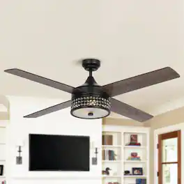 Parrot Uncle - 52" Farmhouse 4-Blade Crystal Ceiling Fan with Remote Control - Black