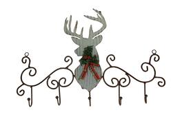 Zeckos - Metal Art Scroll Rustic Deer with Pine and Bow Wall Hook Rack - Gray