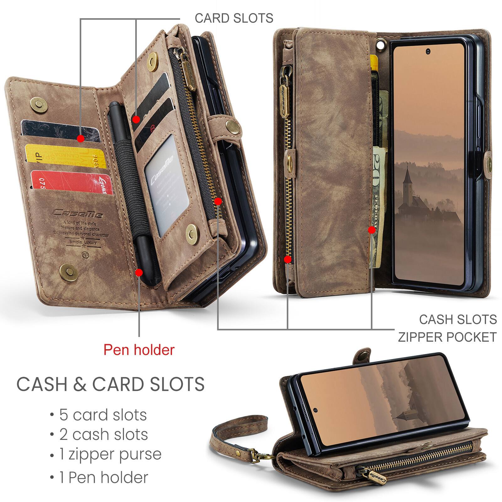 CARD SLOTS

CASH SLOTS ZIPPER POCKET

CASH & CARD SLOTS
- 5 card slots
- 2 cash slots
- 1 zipper purse
- 1 Pen holder