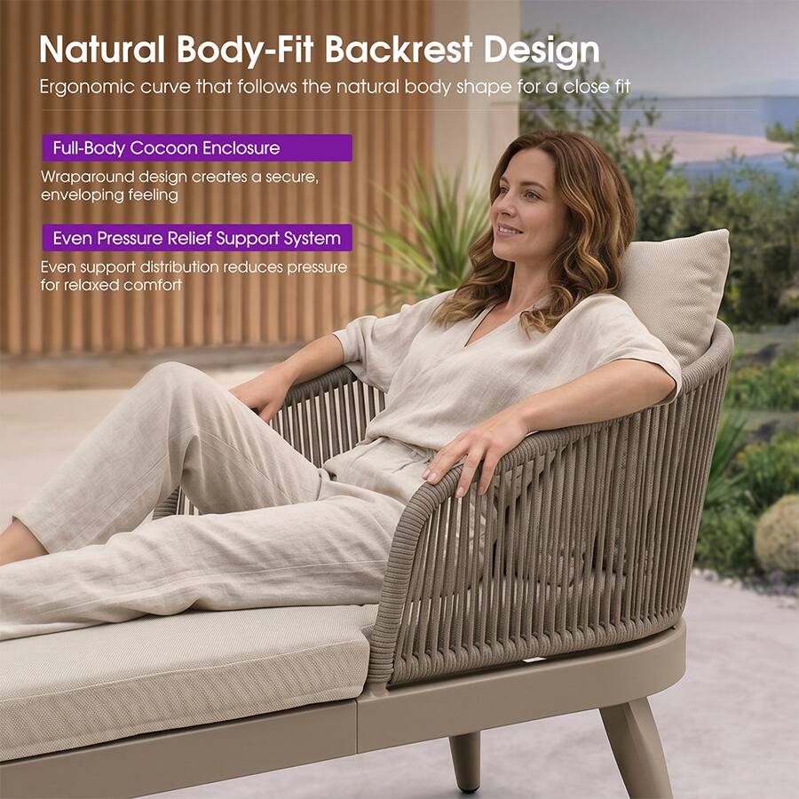 Natural Body-Fit Backrest Design  
Ergonomic curve that follows the natural body shape for a close fit  

Full-Body Cocoon Enclosure  
Wraparound design creates a secure, enveloping feeling  

Even Pressure Relief Support System  
Even support distribution reduces pressure for relaxed comfort