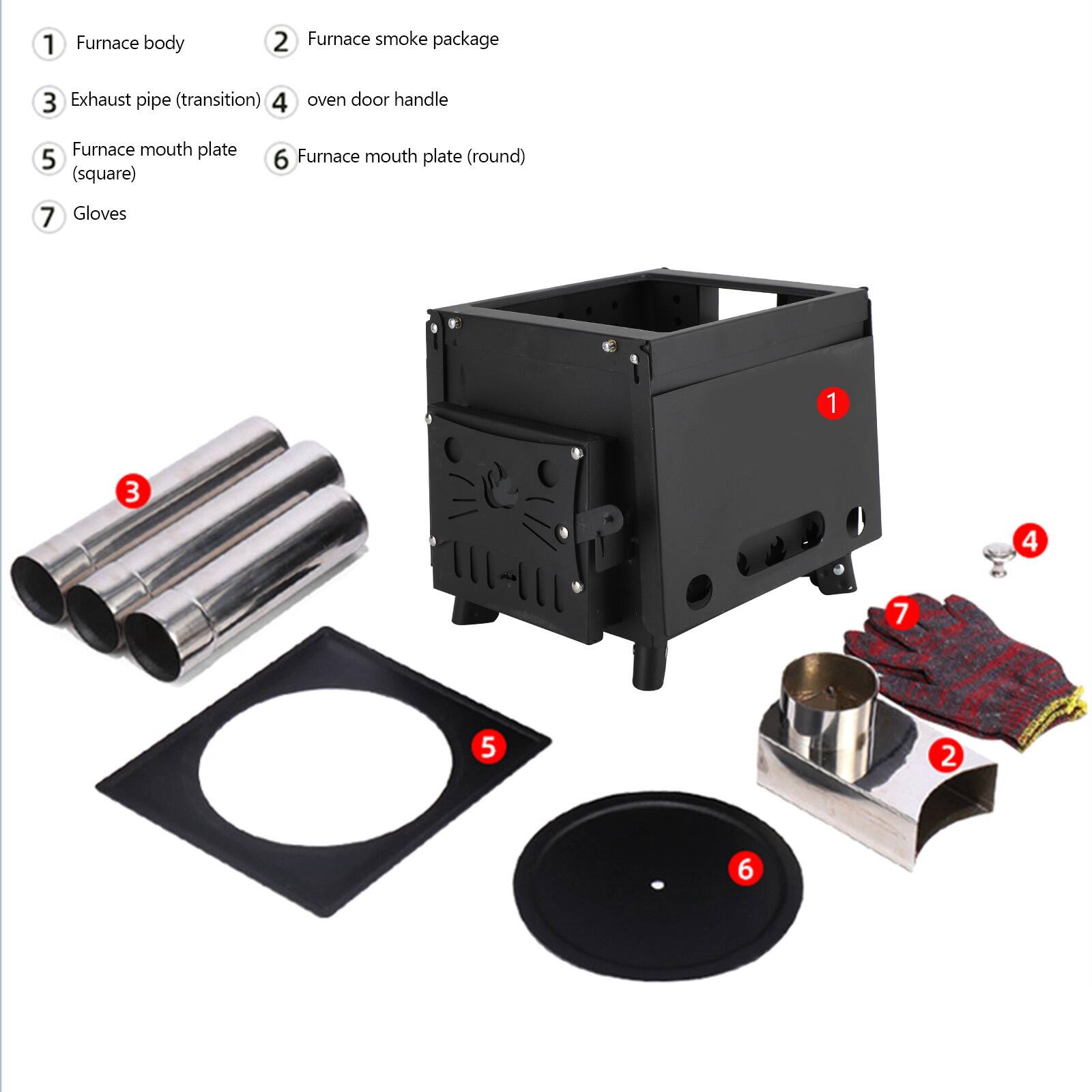 1. Furnace body  
2. Furnace smoke package  
3. Exhaust pipe (transition)  
4. Oven door handle  
5. Furnace mouth plate (square)  
6. Furnace mouth plate (round)  
7. Gloves