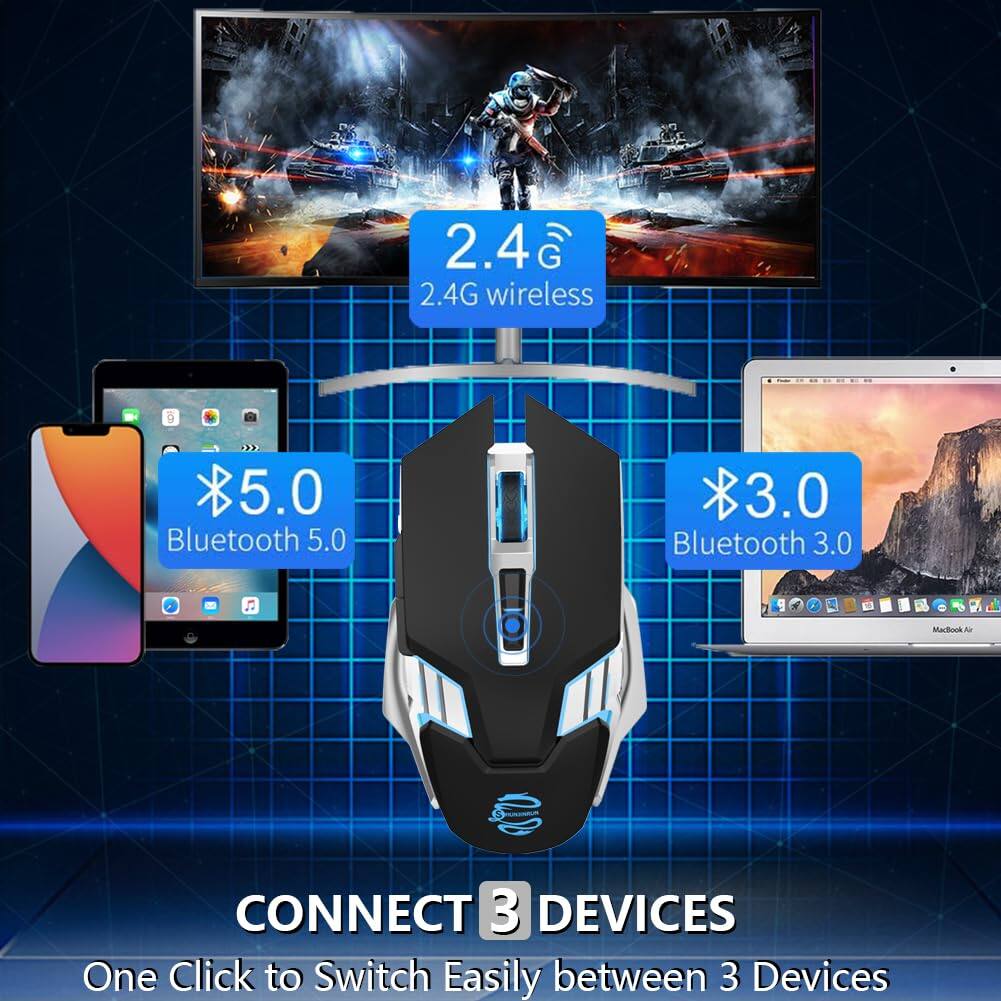 2.4G wireless  
Bluetooth 5.0  
Bluetooth 3.0  

CONNECT 3 DEVICES  
One Click to Switch Easily between 3 Devices