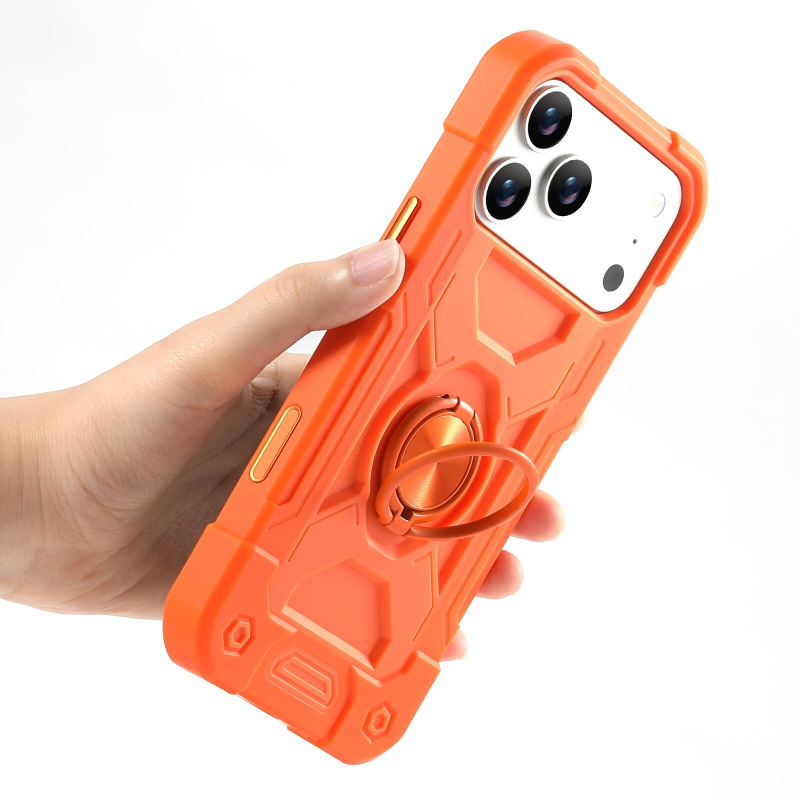 Angle. UUCOVER - Rugged Protective Case for Apple iPhone 17 Pro, Shockproof Silicone+PC Case with 360° Rotating Ring Kickstand Cover - Orange.