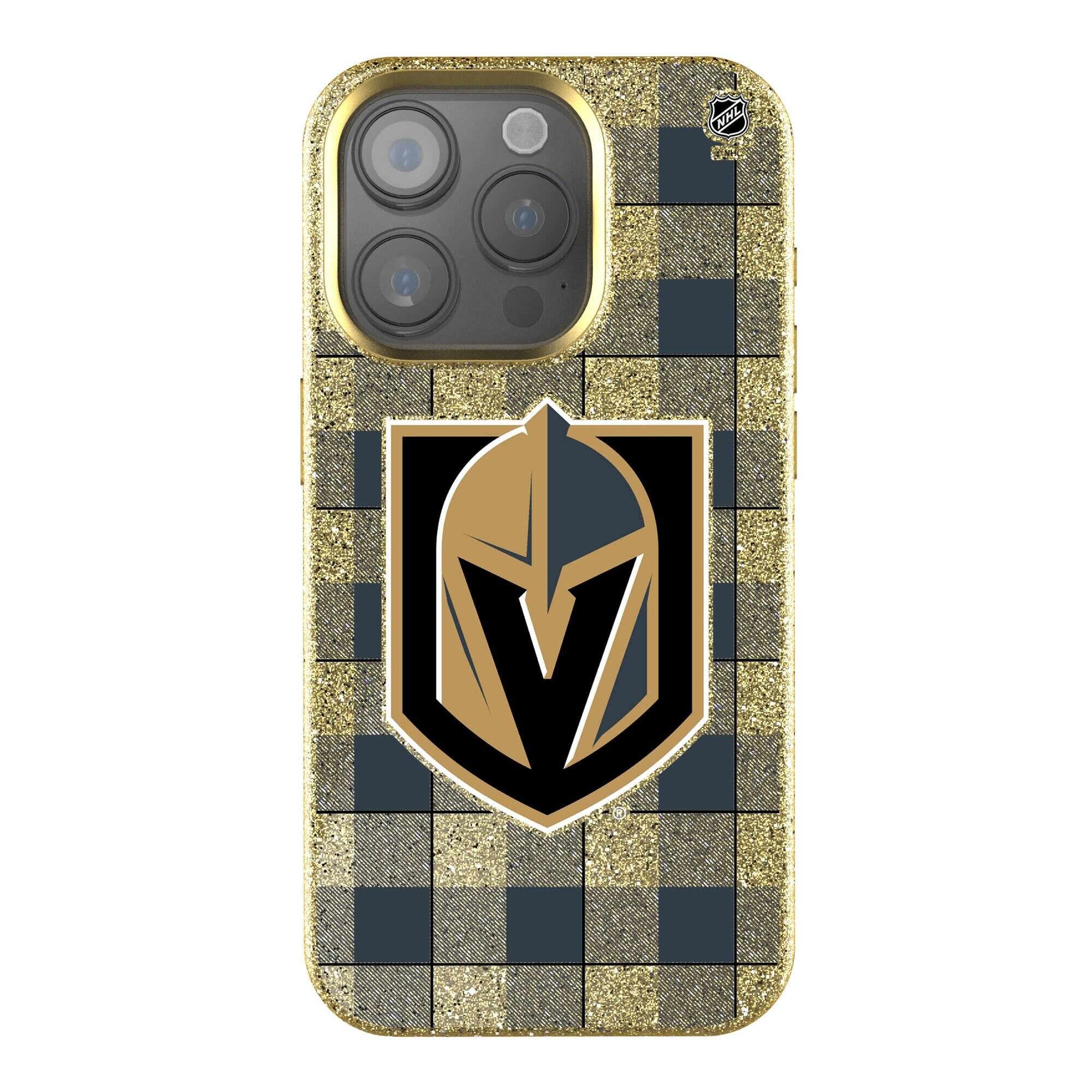 Front. Keyscaper - Vegas Golden Knights Plaid Bling iPhone Case - 15 - Gold.