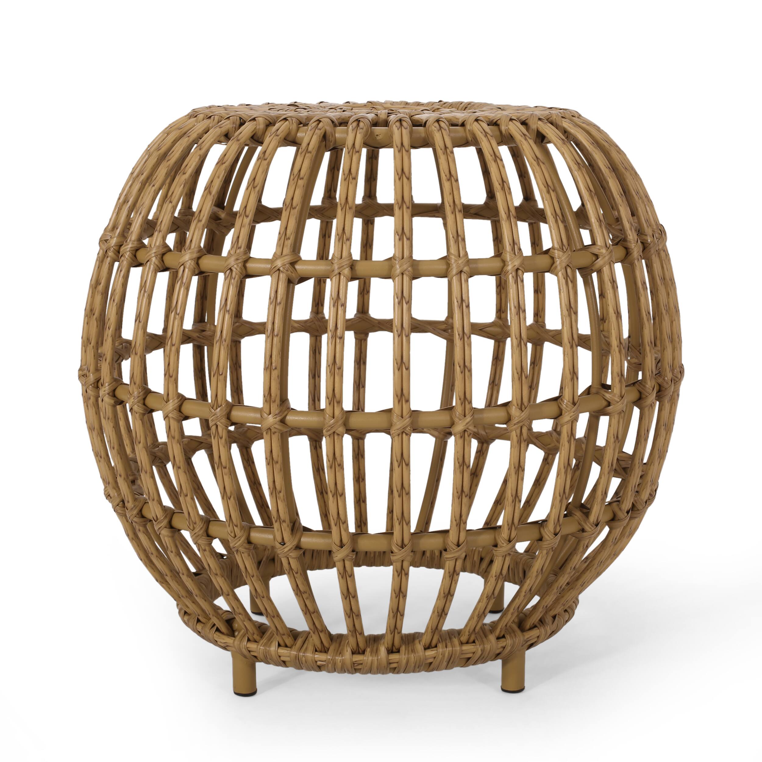 Angle. APRILSOUL - Boho Chic 30in Faux Rattan Side Table Handcrafted All-Weather PE Woven Texture - Light Brown.