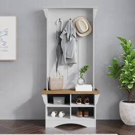 Emma + Oliver - Paula Hallway Tree with Bench, Coat Hooks, and Lower Storage Compartments with Adjustable Shelves - Weathered Natural Seat/Warm White Frame